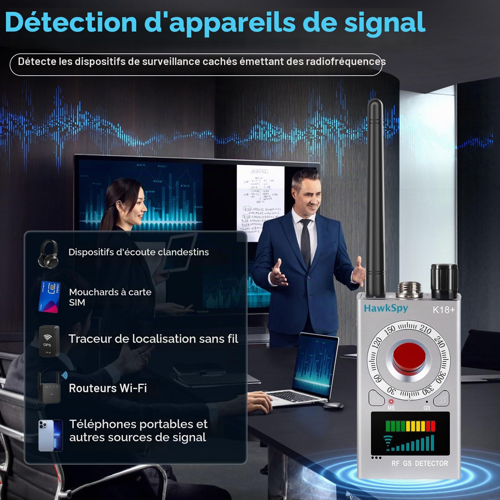 Détecteur de Caméras et Appareils Cachés, Scanner de Traceurs GPS et Sources de Signaux | Alerte Sonore et Vibration | Protection de la Vie Privée Portable (Argent)
