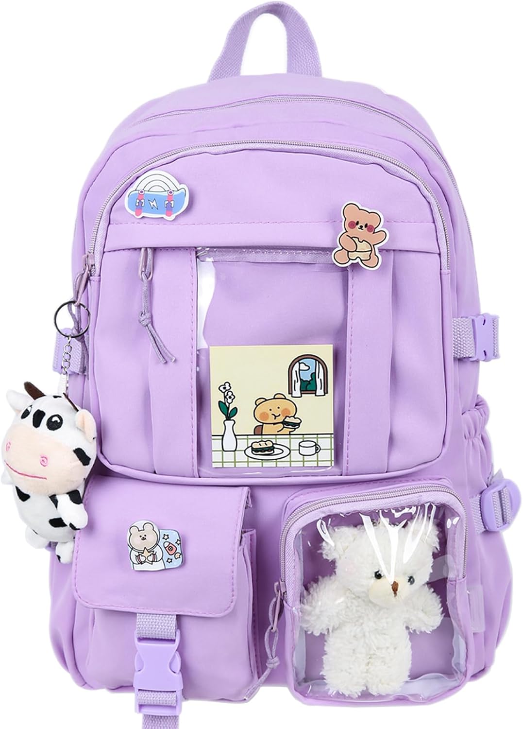Kawaii Backpack with Cute Bear Plush Kawaii Pin Accessories Large Capacity Aesthetic School Bags Cute Bookbag for Girls Teen Purple