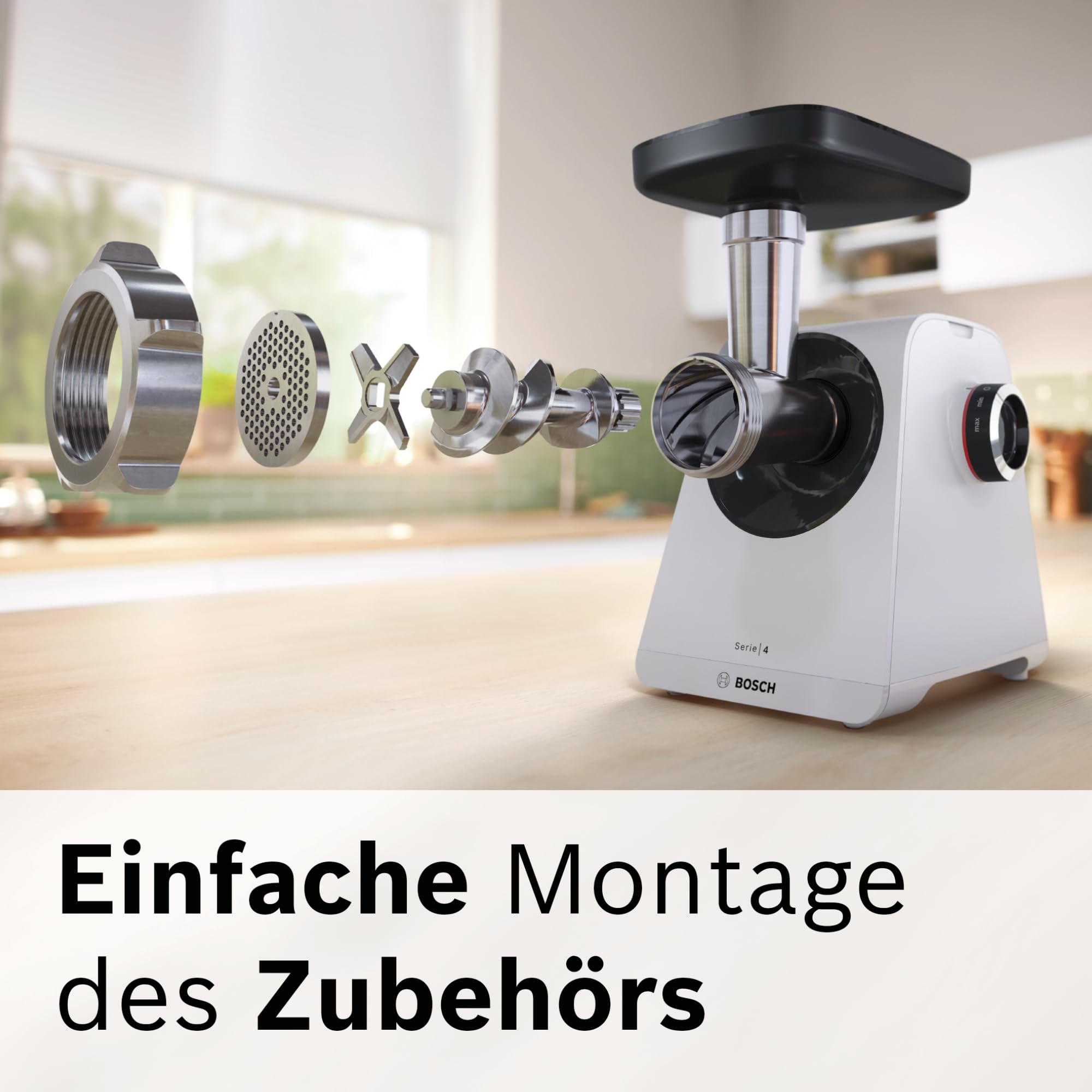 Bosch Fleischwolf Serie 4, 2 Lochscheiben (3 / 8mm) Edelstahl, spülmaschinenfest, elektrisch, stark, kompakt, 2 Stufen, Wurststopfer, 1.900 W, weiß/schwarz, MultiPower MFWS420W