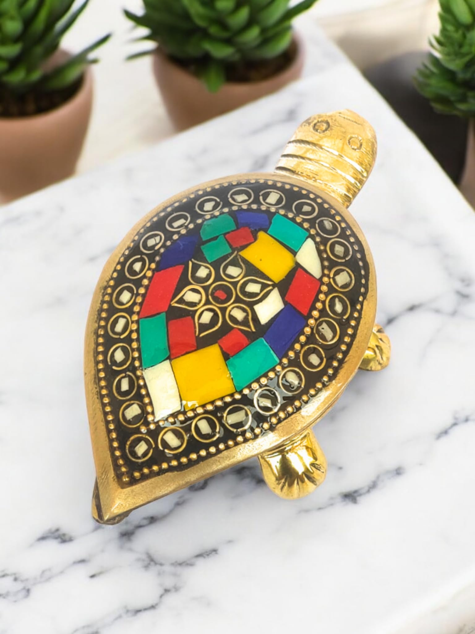 Blissful Decor Presents Feng Shui Tortoise Wish Fulfilling Brass Tortoise with Secret Wish Compartment Tortoise for Good Luck for Home (Set of 1) [Multicolor] Medium