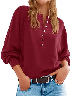 Saodimallsu Womens Button Crew Neck Sweater Fall Long Sleeve Henley Shirts Trendy Loose Knit Pullover Tops