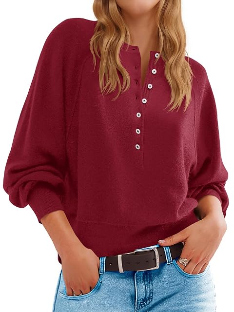 Saodimallsu Womens Button Crew Neck Sweater Fall Long Sleeve Henley Shirts Trendy Loose Knit Pullover Tops
