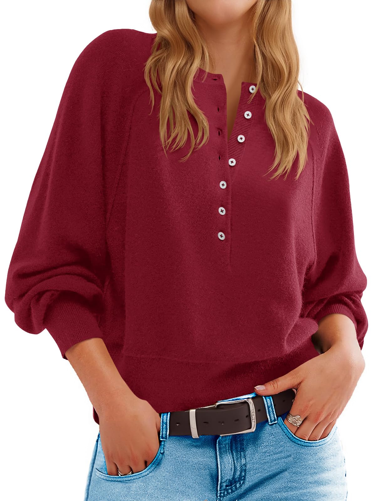 Saodimallsu Womens Button Crew Neck Sweater Fall Long Sleeve Henley Shirts Trendy Loose Knit Pullover Tops