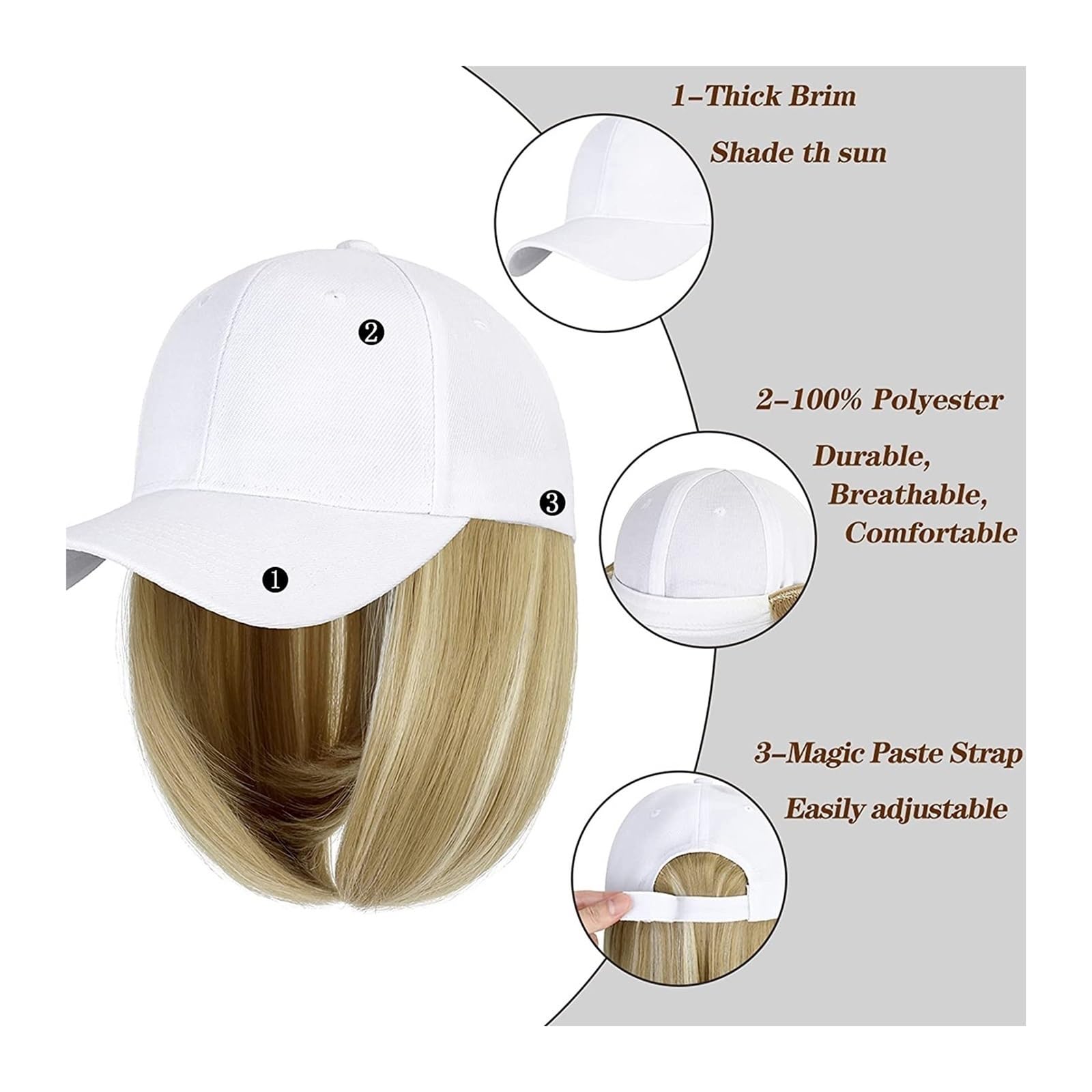 Wig Cap Peluca de béisbol ondulada corta Bob sintético Sombrero blanco/negro Pelucas Gorra con cabello Conexión natural ajustable(1)