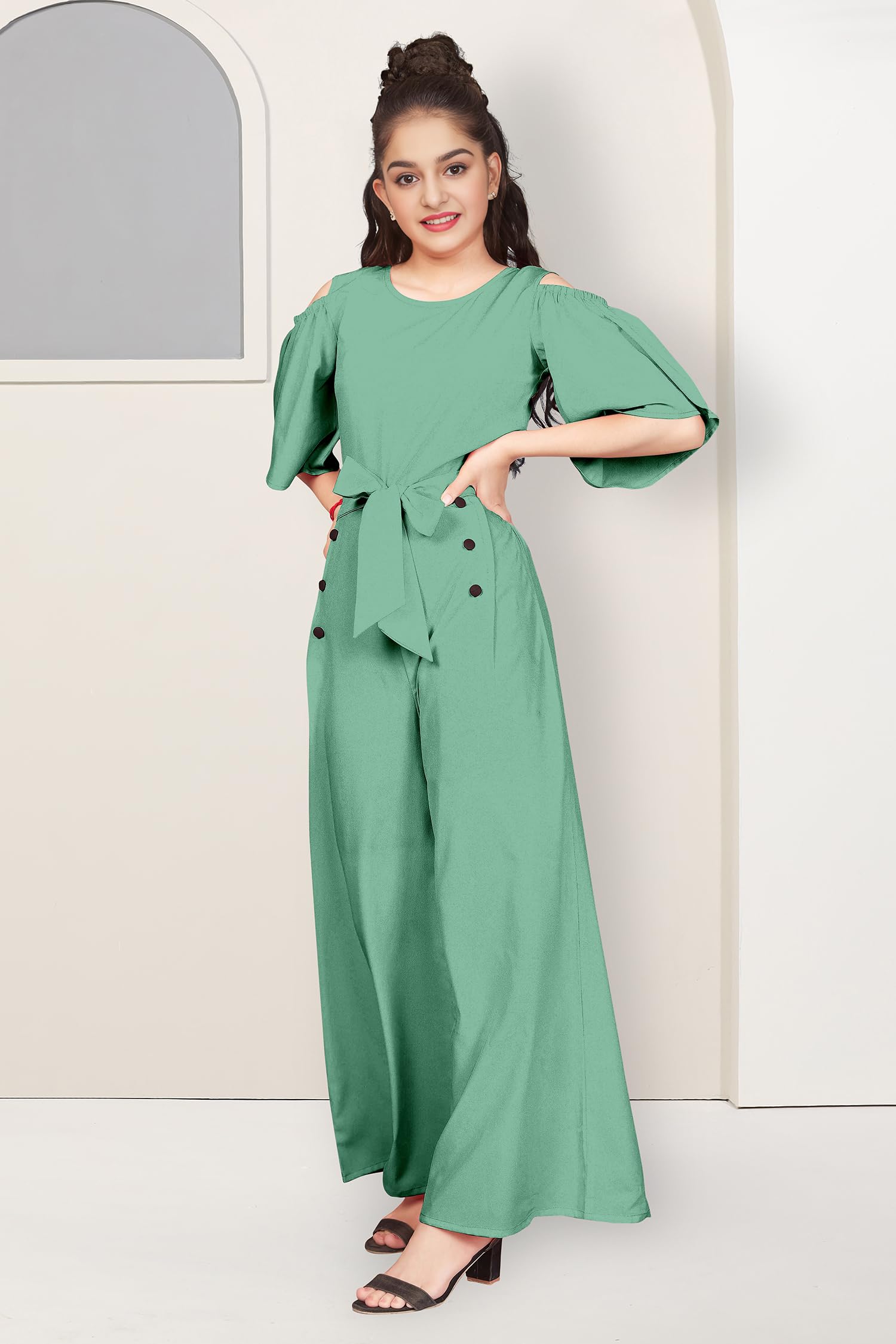 Fashion Dream Girls Cold Shoulder Flutter Sleeve Jumpsuit(FDGJMP00104 PST 32_Pista_9-10Years) - Image 5 thumbnail