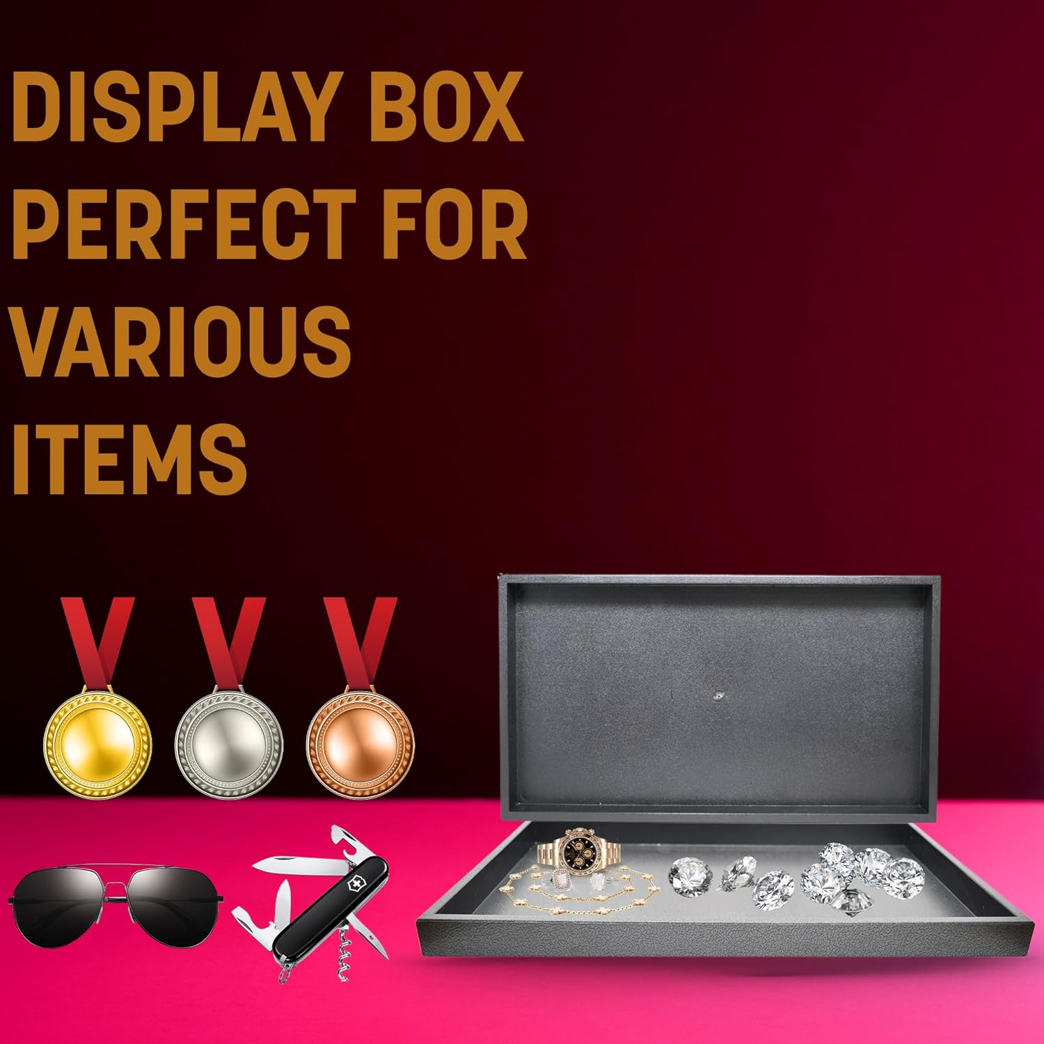 Novel Box 3 Pack Black Plastic Jewelry Display Trays 14.75x8.25x1.15 (No Lid) - Rectangular Tray for Collectibles & Gems - Rock Collection Displays - Jewelry Organizers for Storage & Selling