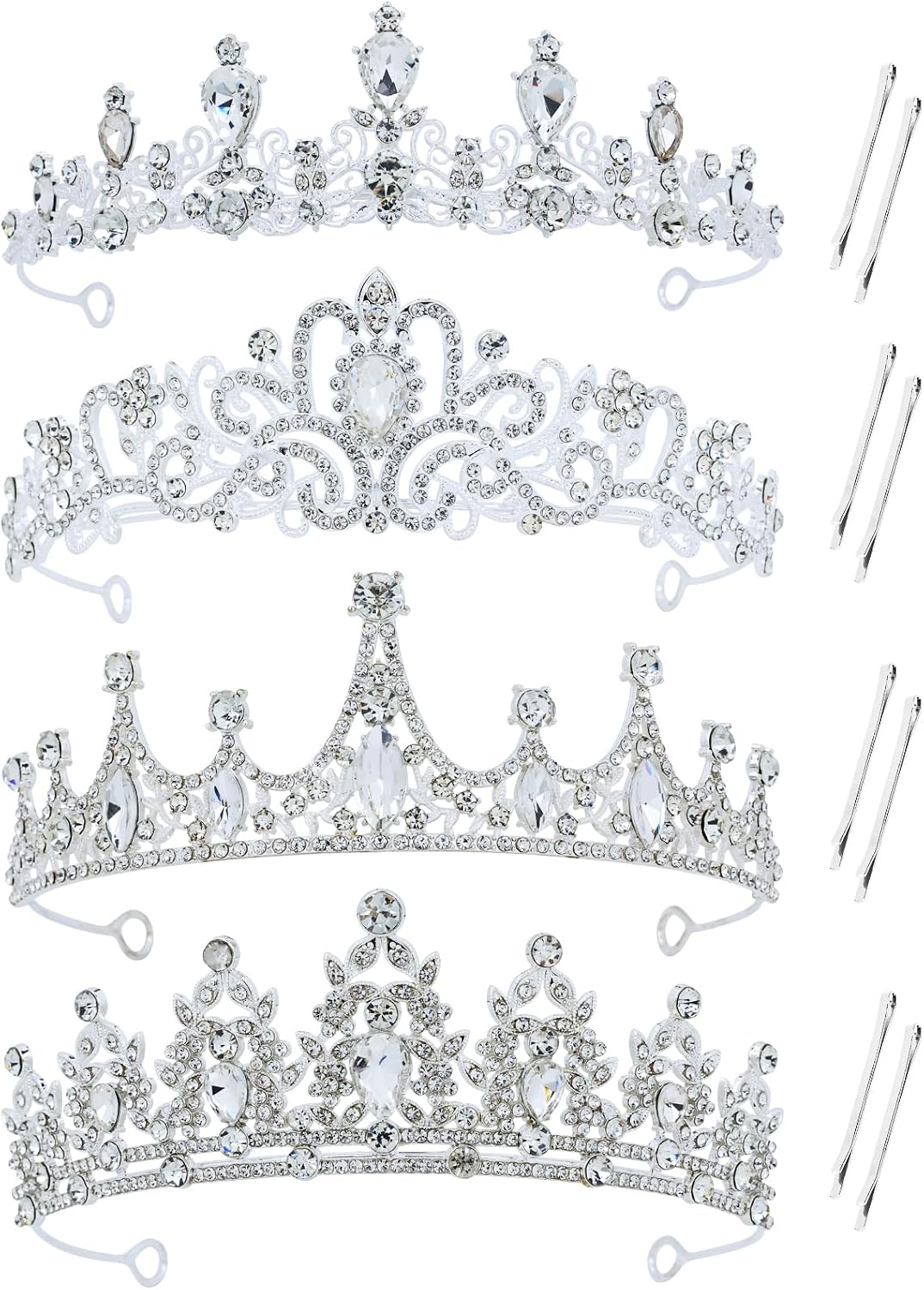 inSowni 4 Pieces Silver Metal Jeweled Crystal Rhinestone Queen Princess Crown Tiara Headbands Birthday Party Prom Wedding Bridal Headpieces Hair Accessories for Women Girls Brides Bridesmaids (8 Bobby Pins included)