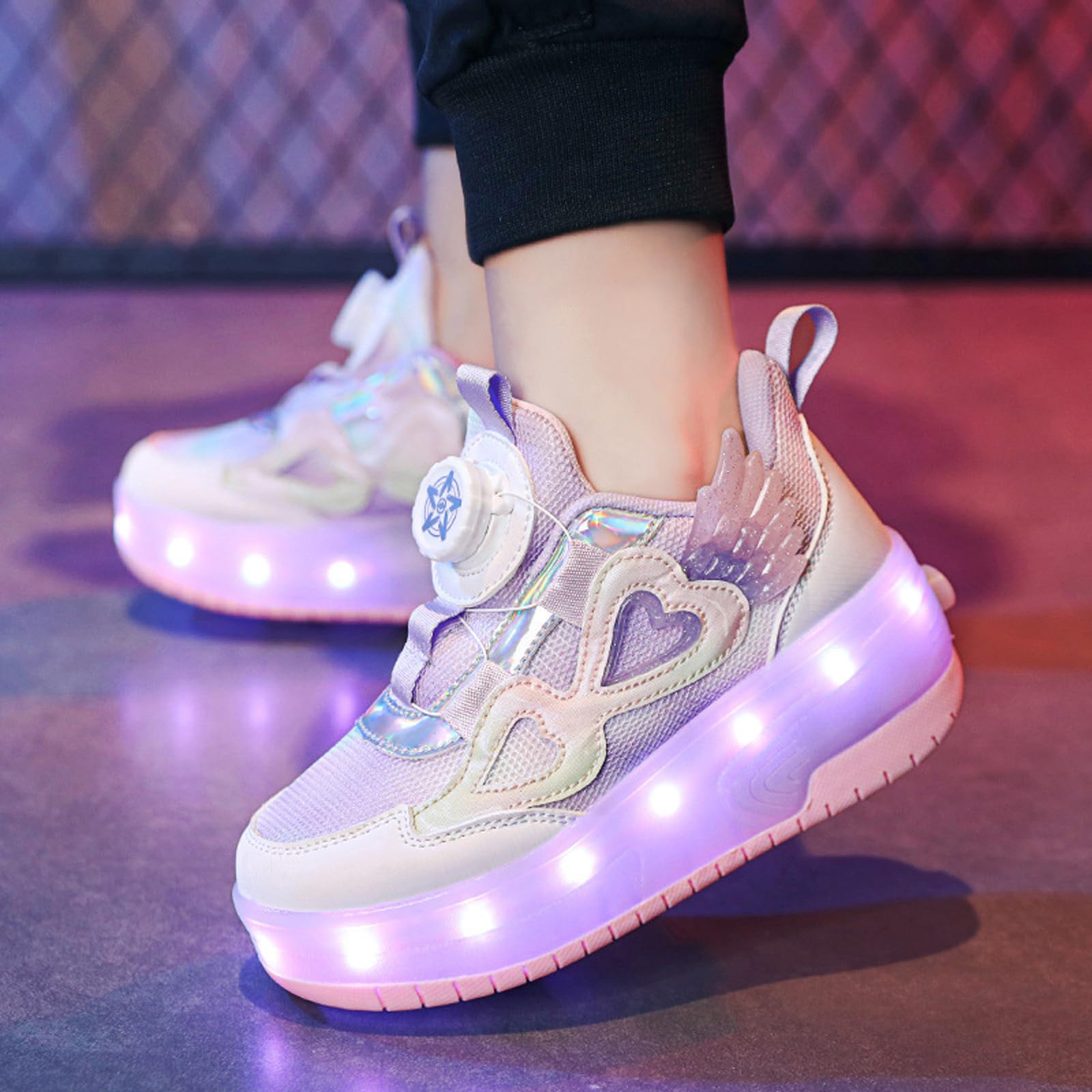 Buty na kółkach dla dziewczynek, buty z podwójnymi kółkami, dziecięce buty na kółkach, dziecięce wrotki, buty na rolkach ze światłami LED, regulowane światło