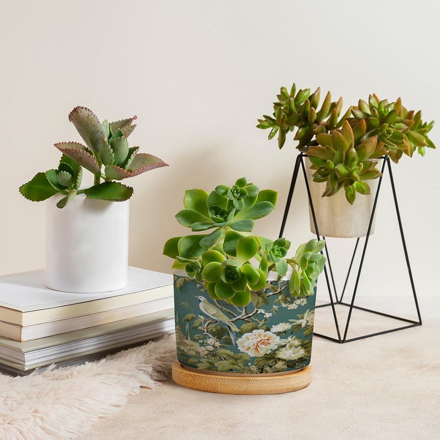 Garden Planter Ceramic Green Chinoiserie Floral Bird Round Flower Pot with Drainage Holes and Bamboo Tray Pot for Home Office Decoration