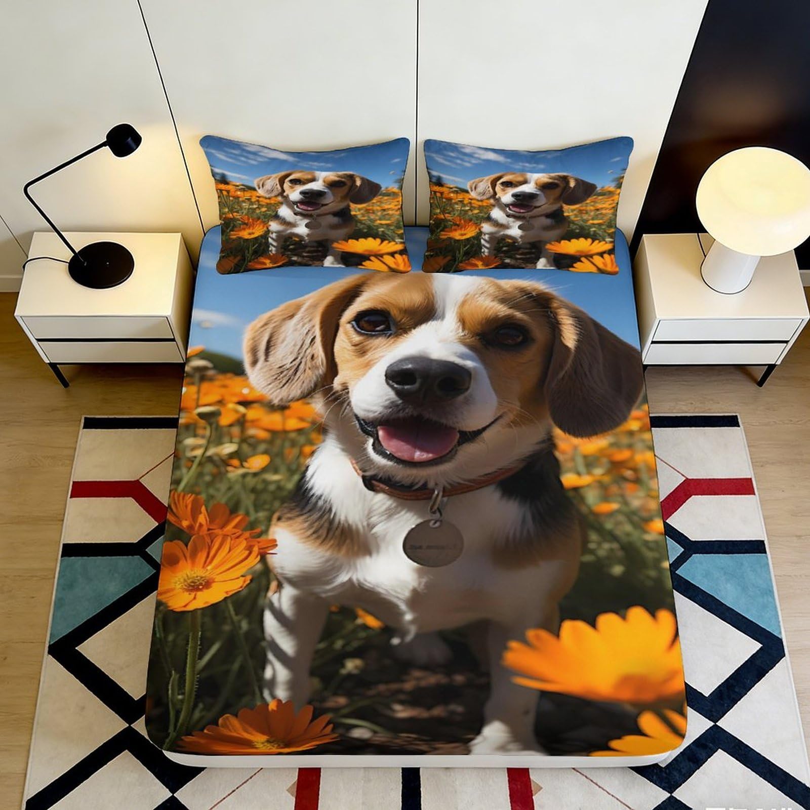 3D Printed Beagle Dog Fitted Sheet Microfiber Orange Flower Mattress Cover Anti-Slip Machine Washable for Bedroom Home Dorm Decor 90x200x25cm