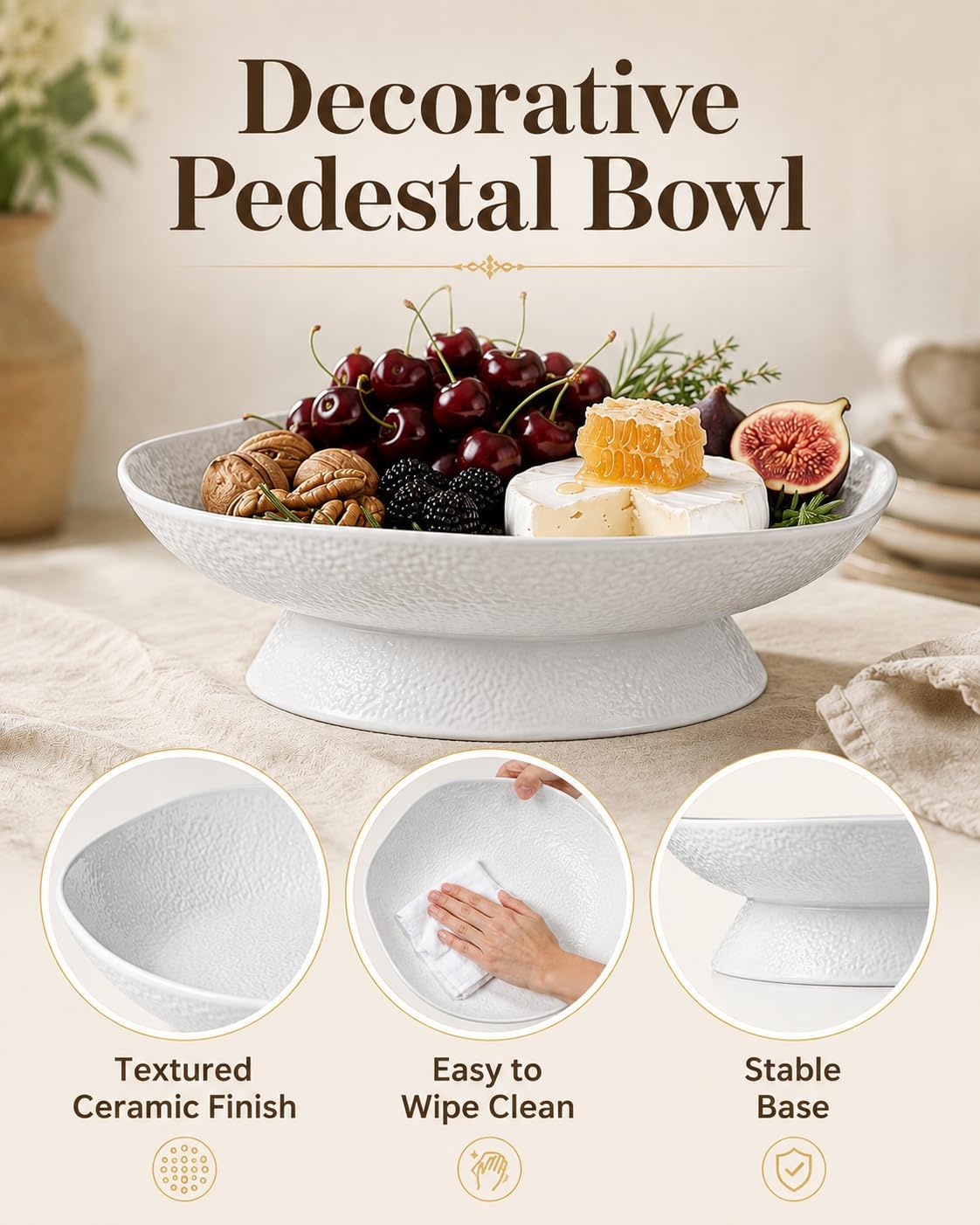 NUOBESTY Large Ceramic Fruit Bowl, 11 in White Pedestal Serving Dish Modern Decorative Salad Bowl Dessert Table Centerpiece for Kitchen Counter