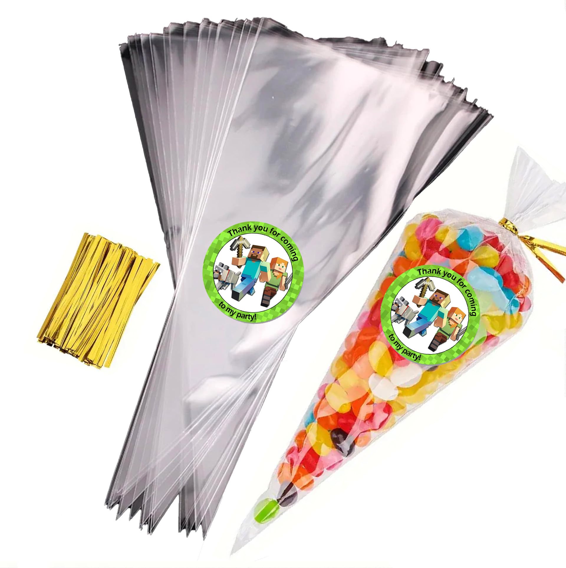 Sweet Cone Bags with Coloured Ties | Triangle Clear Cellophane Bags | Food Sweet Candy Popcorn Snacks | Brithday Baby Shower Fayres Events Festivals