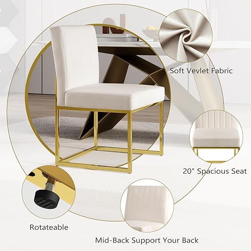 Miniatura 3 de SIMTONAL Juego de 2 sillas de comedor modernas, de terciopelo, tapizadas, de mediados de siglo, sin brazos, con base dorada, color beige y blanco, 2