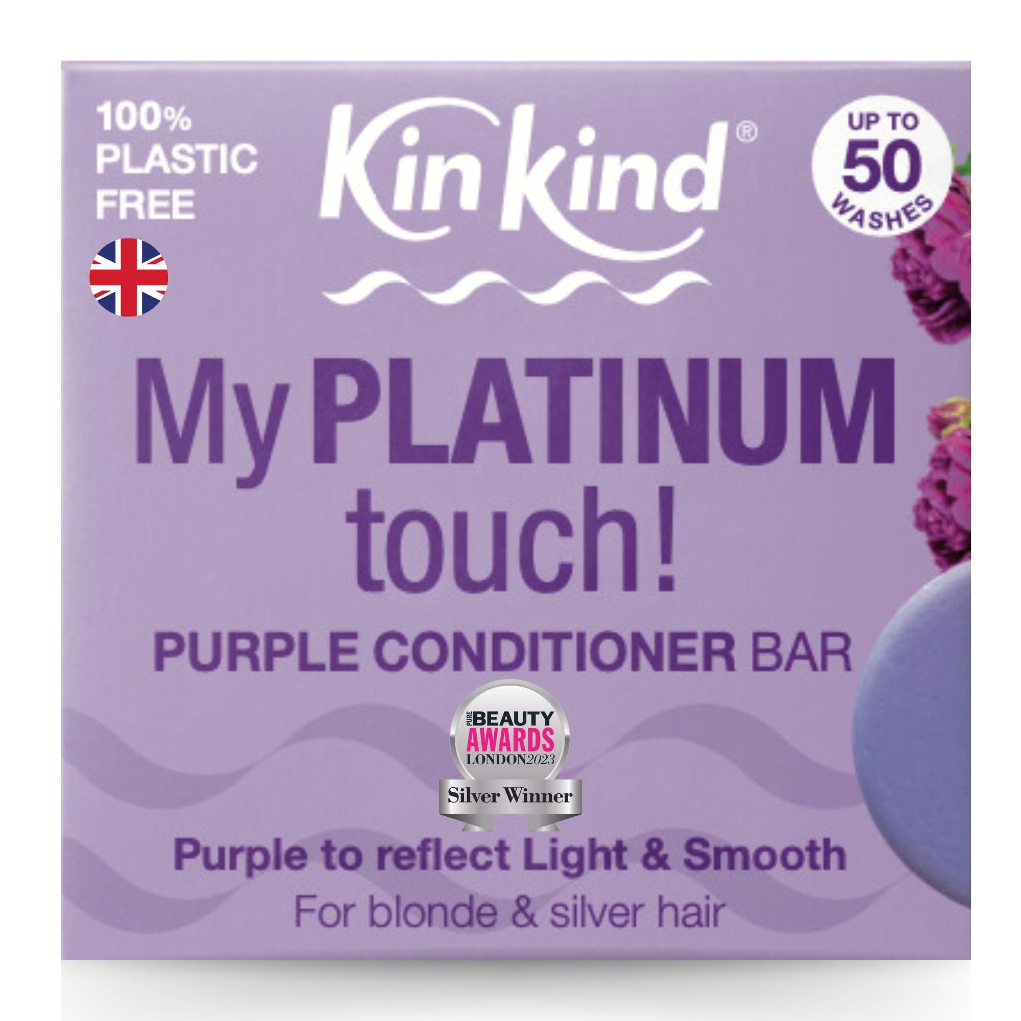 Purple Conditioner Bar. My PLATINUM touch! Hair Conditioner Bar for Blonde, Silver & White Hair. Tones down brassiness & Hydrates. Use with KinKind Purple Shampoo. UK made. Upto 50 washes.