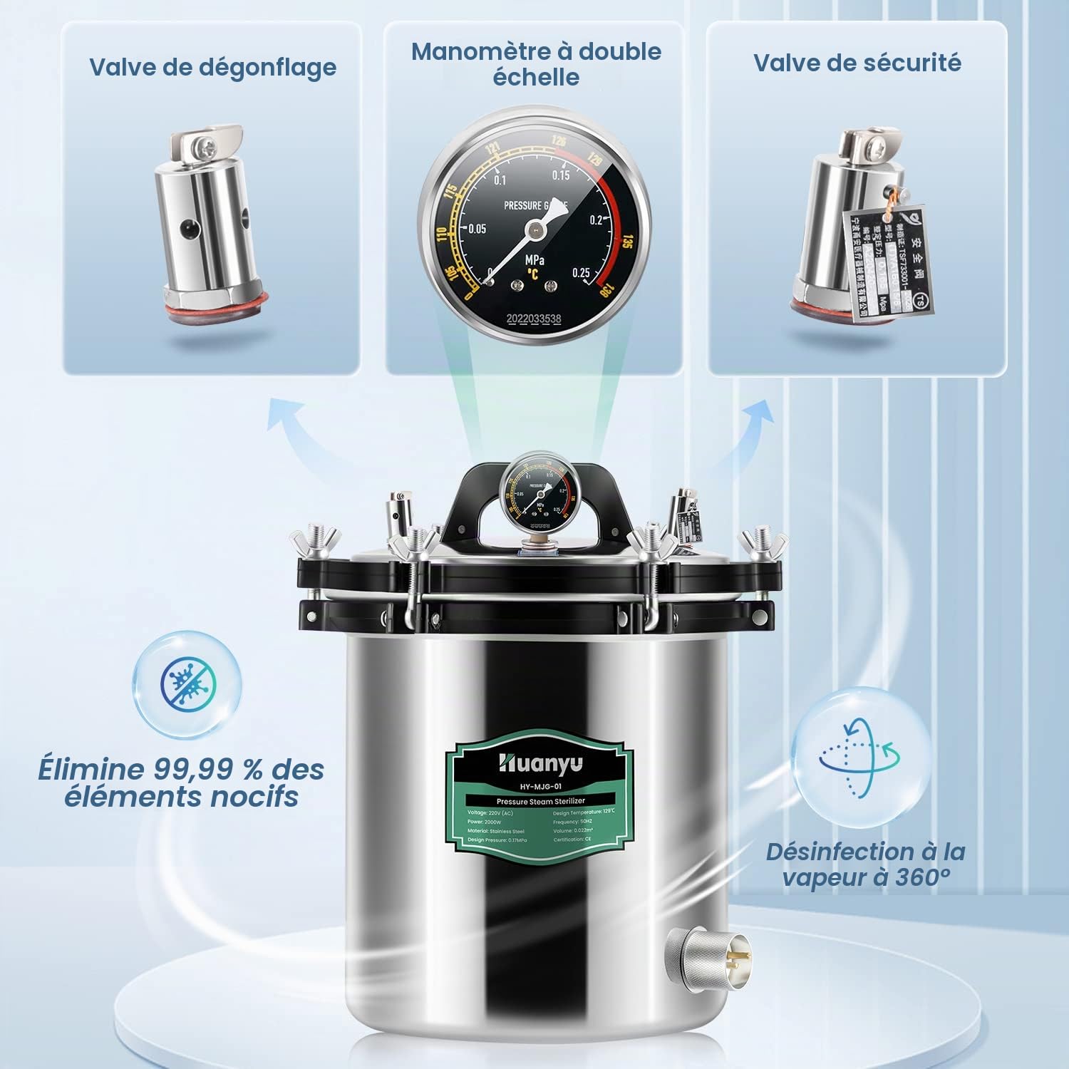 Huanyu Autoclave 18L avec soupape de dégonflage et soupape de sécurité Stérilisateur électrique à vapeur Stérilisateur à vapeur haute pression anti-brûlure à sec pour laboratoires et universités