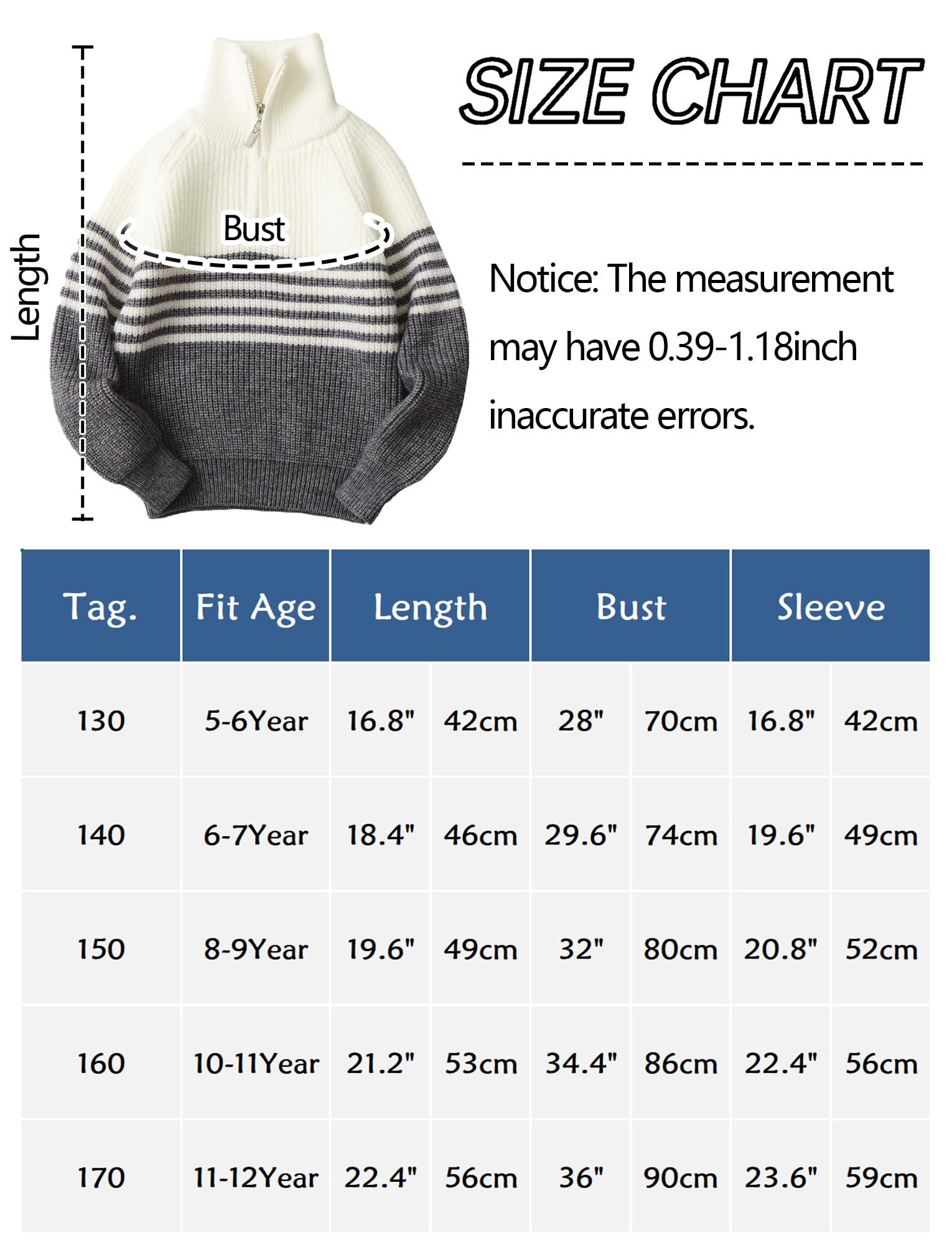 FEOYA Jersey de manga larga para niños con media cremallera a rayas para otoño e invierno Top 5-12 años