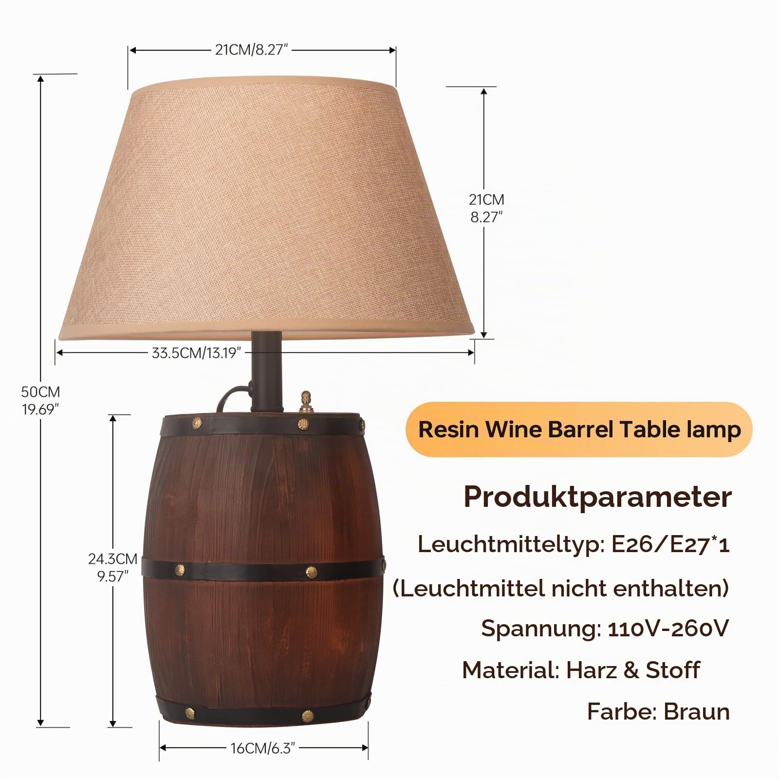 Retro Tischlampe aus Harz in Fassform mit Holzoptik, Schreibtischlampe im Landhausstil mit drei einstellbaren Lichtmodi, zwei Leuchtmittel oben und unten, geeignet für Schlafzimmer und Nachttisch