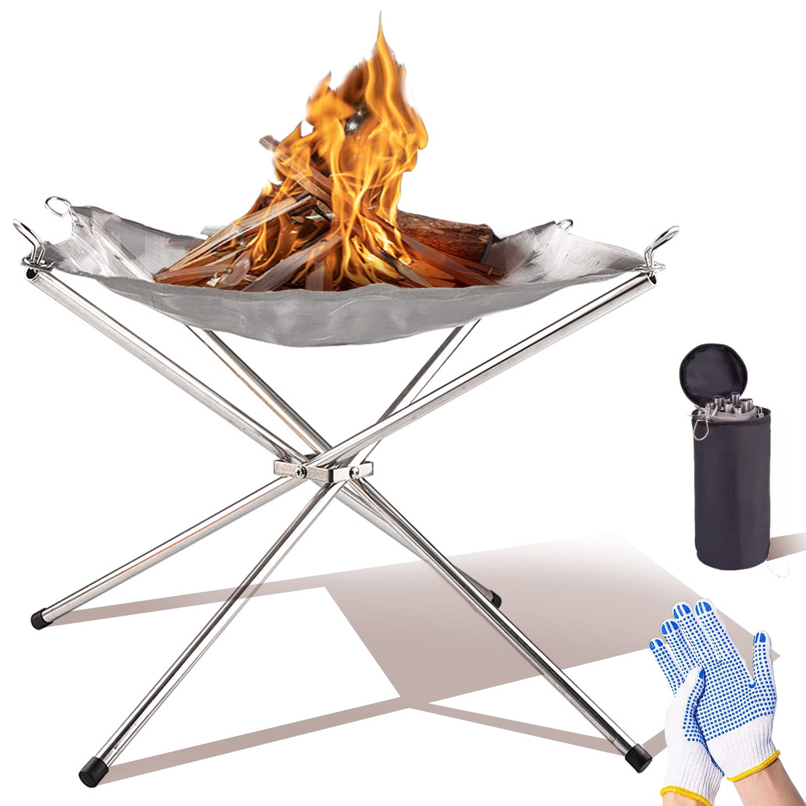 Outdoor Fire Pits - Portable Fire Pits Stainless Steel Mesh BBQ Accessories for Campervan - Foldable Wood Burning Bonfire Firepit for Garden, Camping, Backyard, Picnic. (Large size: 56 * 56 * 43 cm)