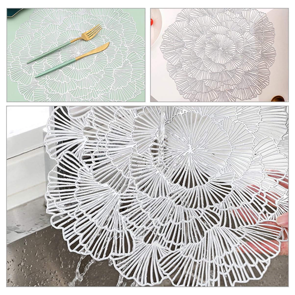 Alipis Sets de Table et Résistants en PVC Lot de 12 Argenté, Motif Feuille de Ginkgo Ajouré, Lavables pour Salle à Manger