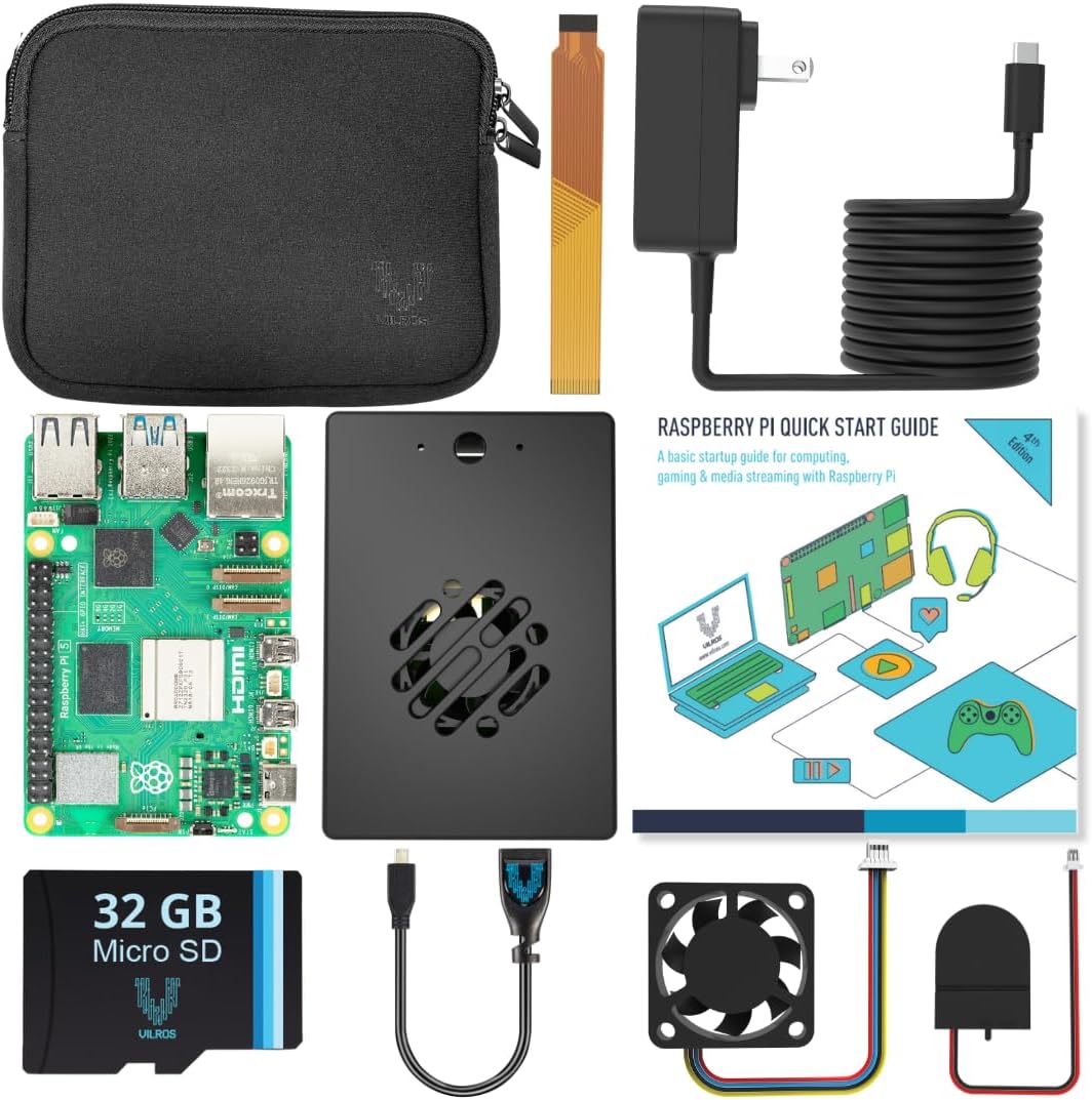 Raspberry Pi 5 (8GB) Basic Starter Kit with Aluminum Passive+Active Cooling Case-Includes Pi 5 Board, Case, Power Supply, 32GB Preloaded SD Card, HDMI Adapter & More