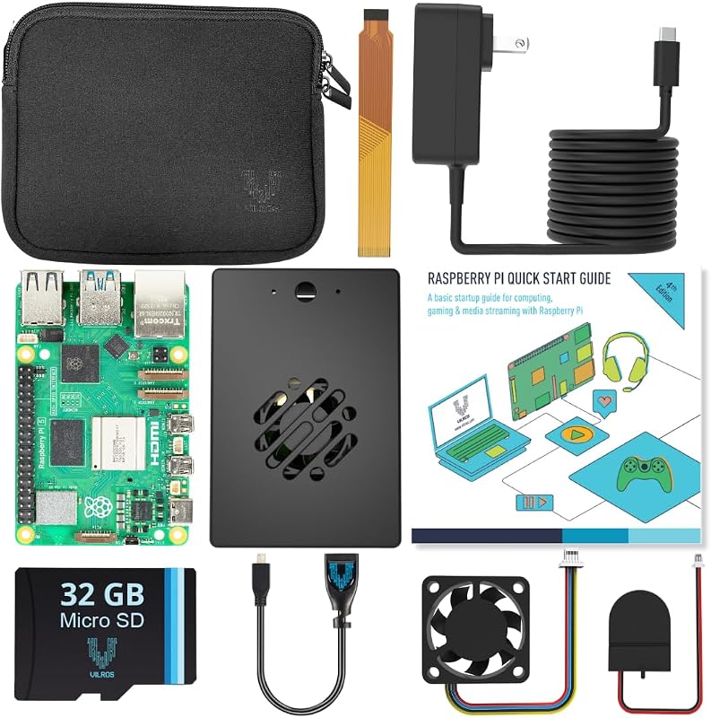 Basic Starter Kit for Raspberry Pi 5 with Dual Passive and Active Cooling Case-Includes Pi 5 Board, Case, Power Supply, 32GB Preloaded SD Card, HDMI Adapter & More (Black, 2GB)
