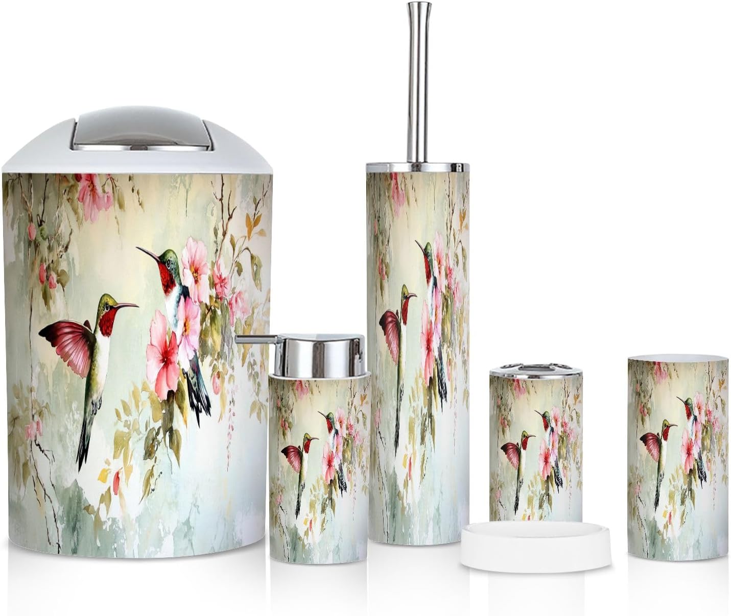 6 Piece Bathroom Accessories Set Vintage Birds Flower Farmhouse Watercolor Hummingbirds Nature Animals Trash can Toilet Brush Holder Toothbrush Holder Toothbrush Cup Soap Dispenser Soap Dish Boho