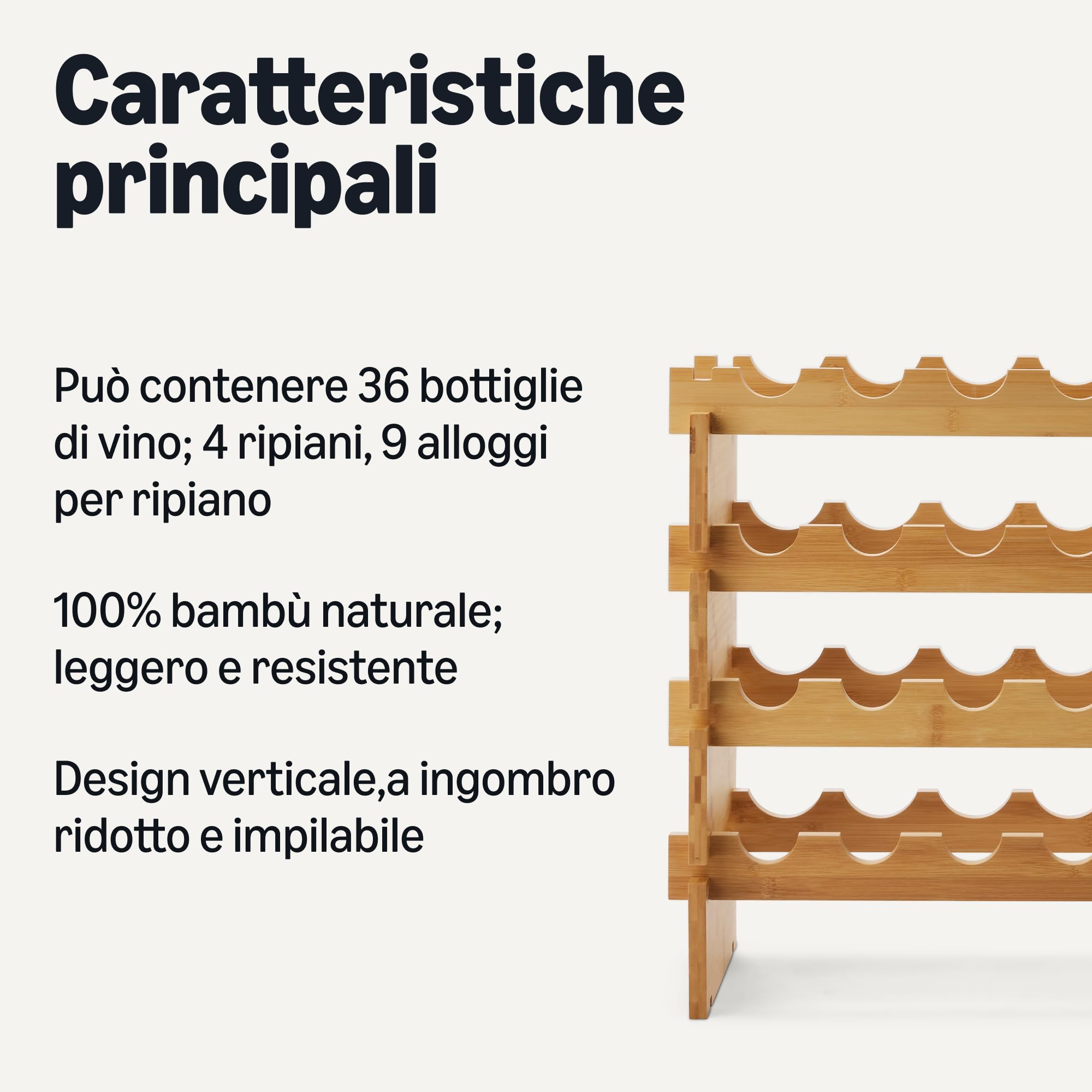 Amazon Basics Portabottiglie vino impilabile in bambù, capacità 36 bottiglie, Naturale