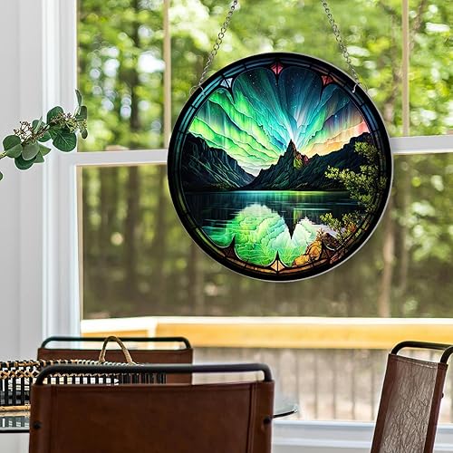 Miniatura 7 de MATIHAY Luces del norte de acrílico manchado para colgar ventanas, arte de pared de aurora boreal, panel acrílico, paisaje de montaña natural, luces