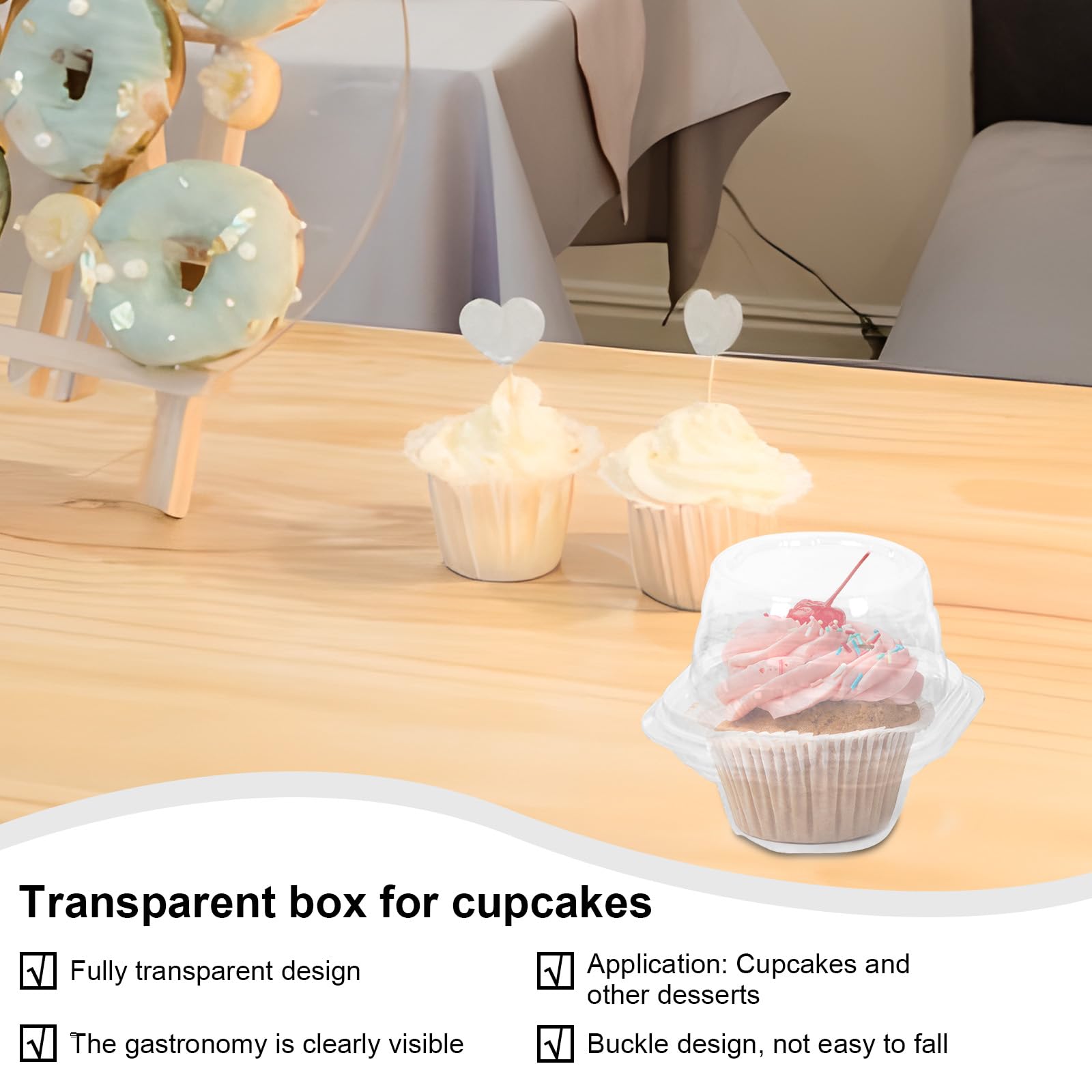 50 cajas de plástico para cupcakes individuales, desechables y apilables (1 unidad)