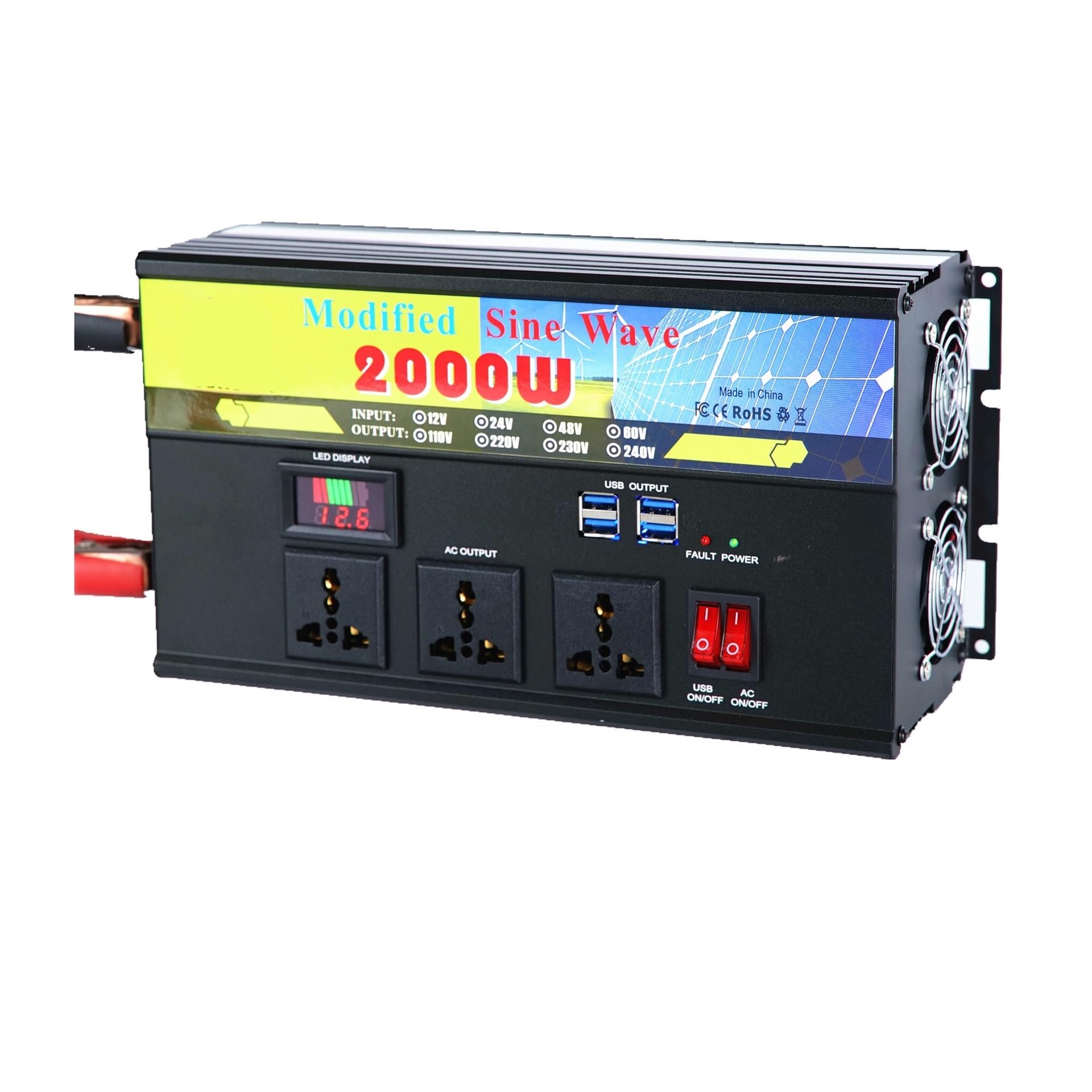 Onduleur à ondes modifiées 2000W convertisseur 24V 220V avec 3 prises AC