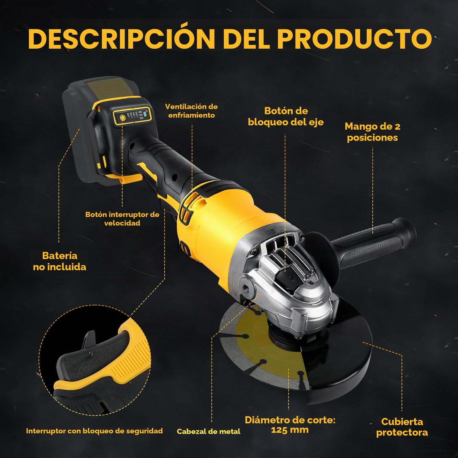 Amoladora angular inalámbrica para batería Dewalt de 20V (SIN batería), herramienta de amoladora sin escobillas de 10000RPM con discos de amolar de 125mm para cortar, amolar, pulir (3 accesorios)