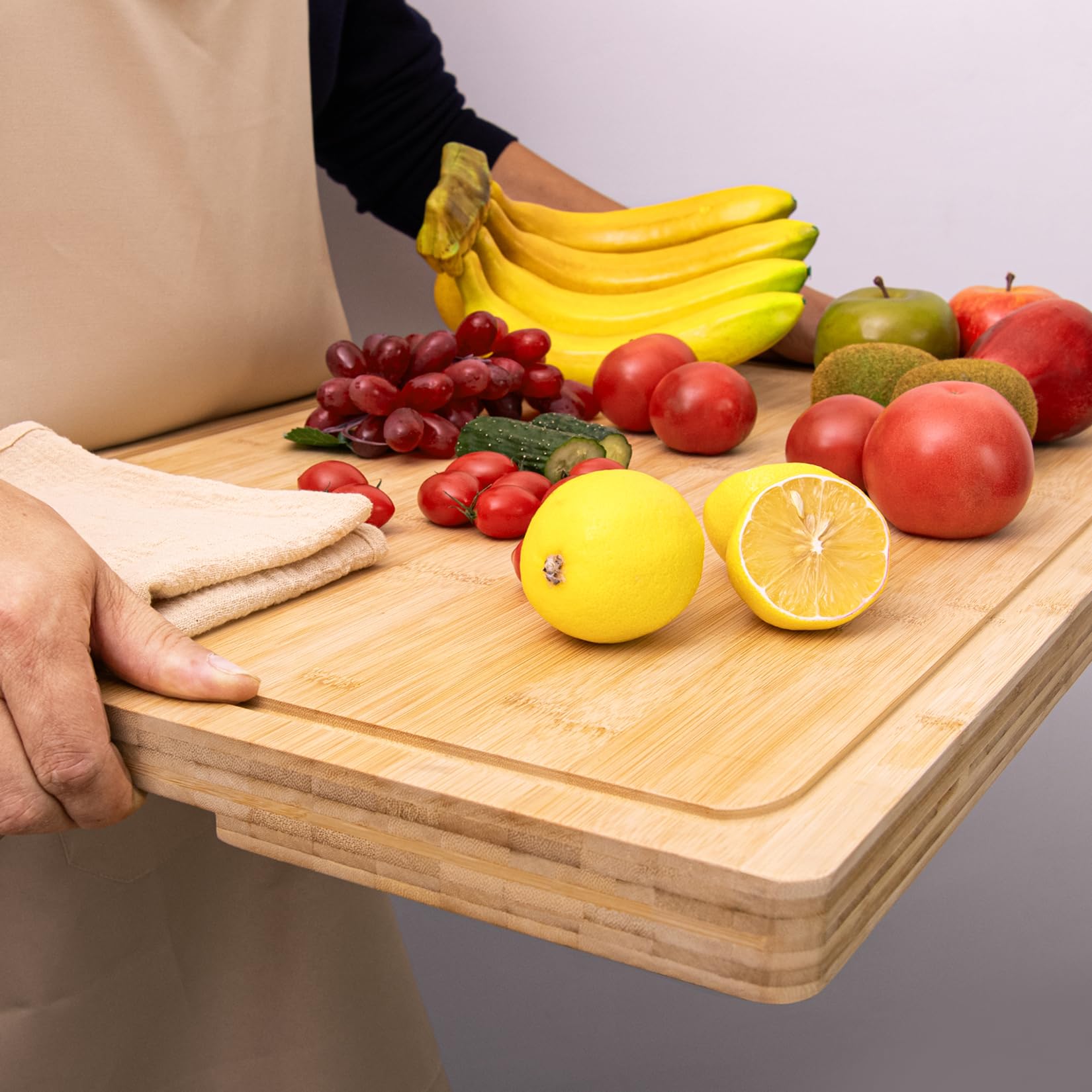 Tagliere in bambù da 64 x 48 cm per cucina, grande tagliere spesso 3,8 cm, tagliere da macellaio, con manico interno, scanalatura per succo, per tacchino, carne, verdure, formaggio e frutta