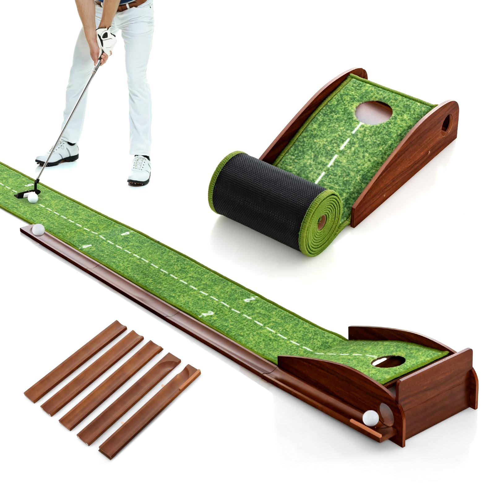 COSTWAY Golf Puttingmatte, Golfmatte mit 1/2/3 Löchern, Auto Rückkehr Übungsmatte mit 3 Golfbällen & Kunstrasen, Putting Trainer Indoor Outdoor für Anfänger, Profis