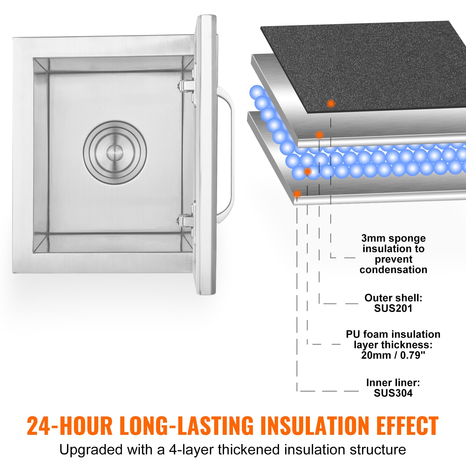 VEVOR Cofre de Hielo, 355 mm de Largo x 305 mm de Ancho x 461 mm de Alto, Enfriador de Hielo de Acero Inoxidable, Contenedor de Hielo Comercial con Cubierta con Bisagras, Aleación de Aluminio de Mango