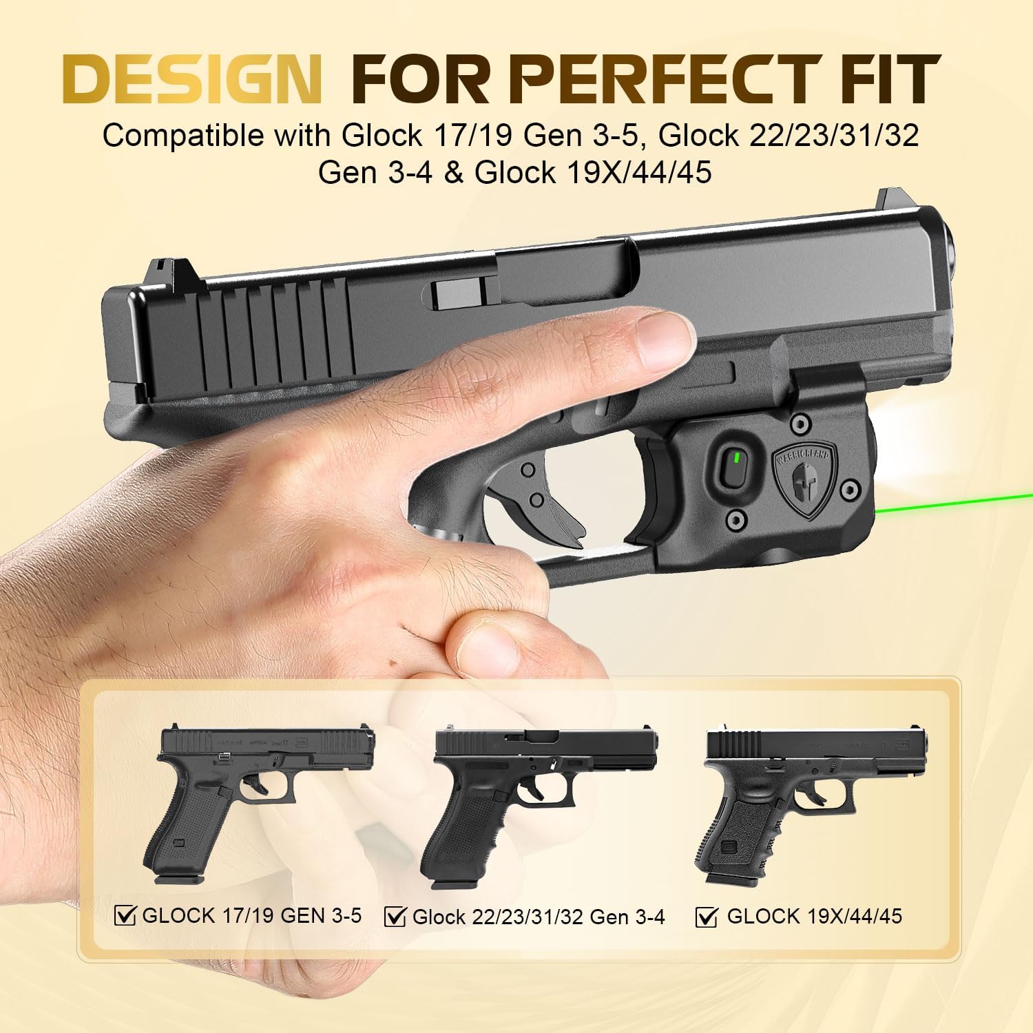 WARRIORLAND Pistol Light Laser Combo Fits Glock 17/19 Gen 3-5 & 22/23/31/32 Gen 3-4 & 19X/44/45, Compact 150-Lumen Tactical Weapon Light with Green Laser & White LED Flashlight, SLL-104G