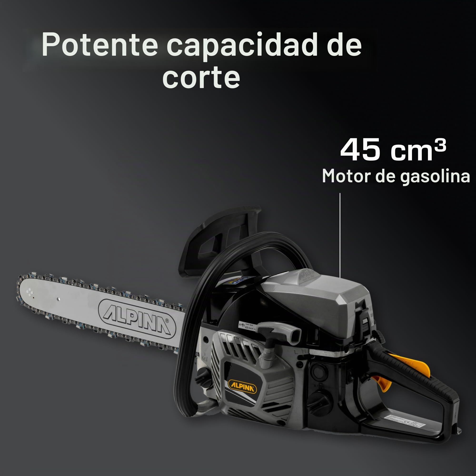 Alpina Motosierra de gasolina ACS 46 (18)’’, Para uso doméstico de corte de leña, Barra de corte 45 cm (148’), Motor de gasolina 45 cc, 1800 W, Velocidad de cadena 21 m/s, Bomba de aceite ajustable