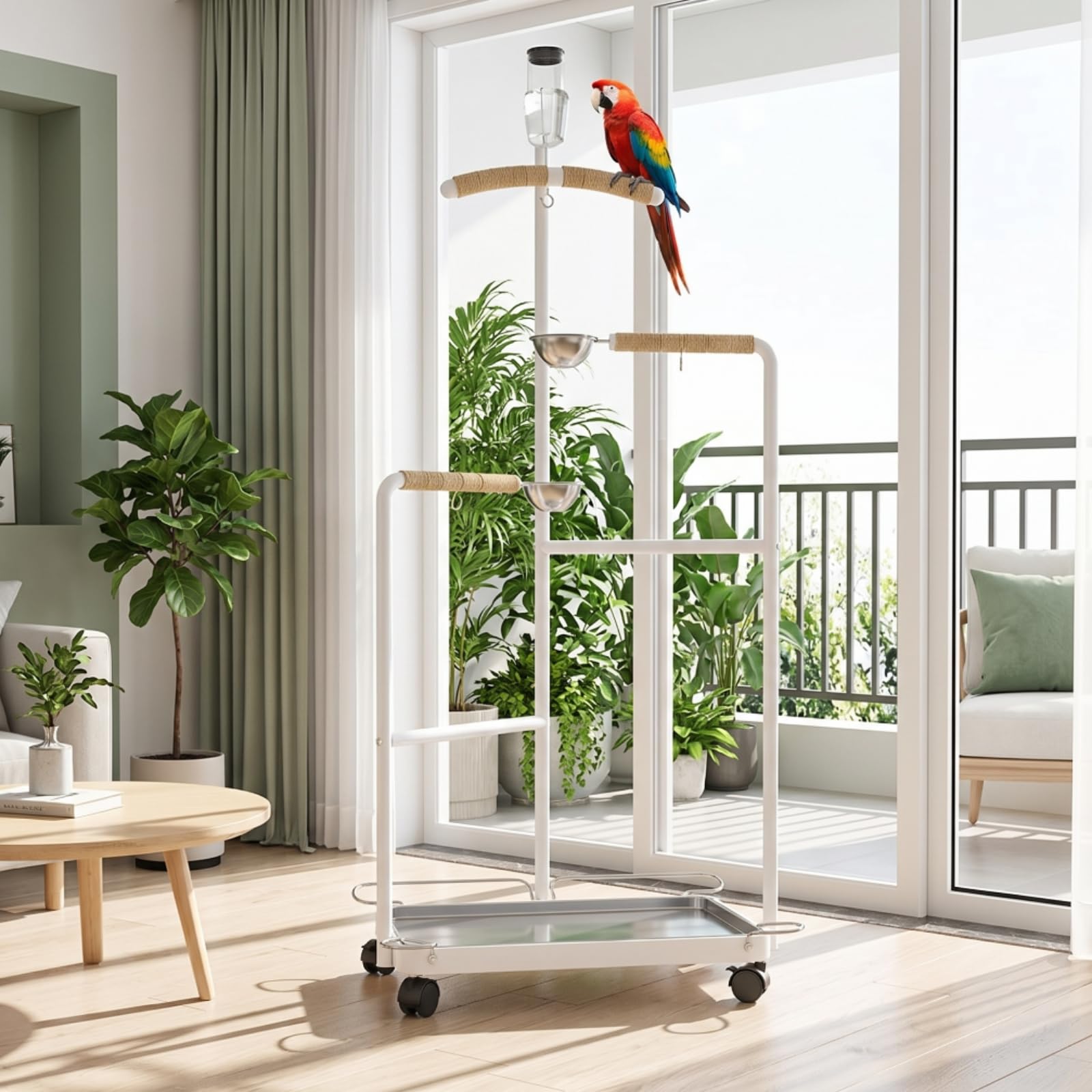 Fácil Limpiar Percha Portátil para Loros, Blanco, Modelo Mejorado con Bebedero