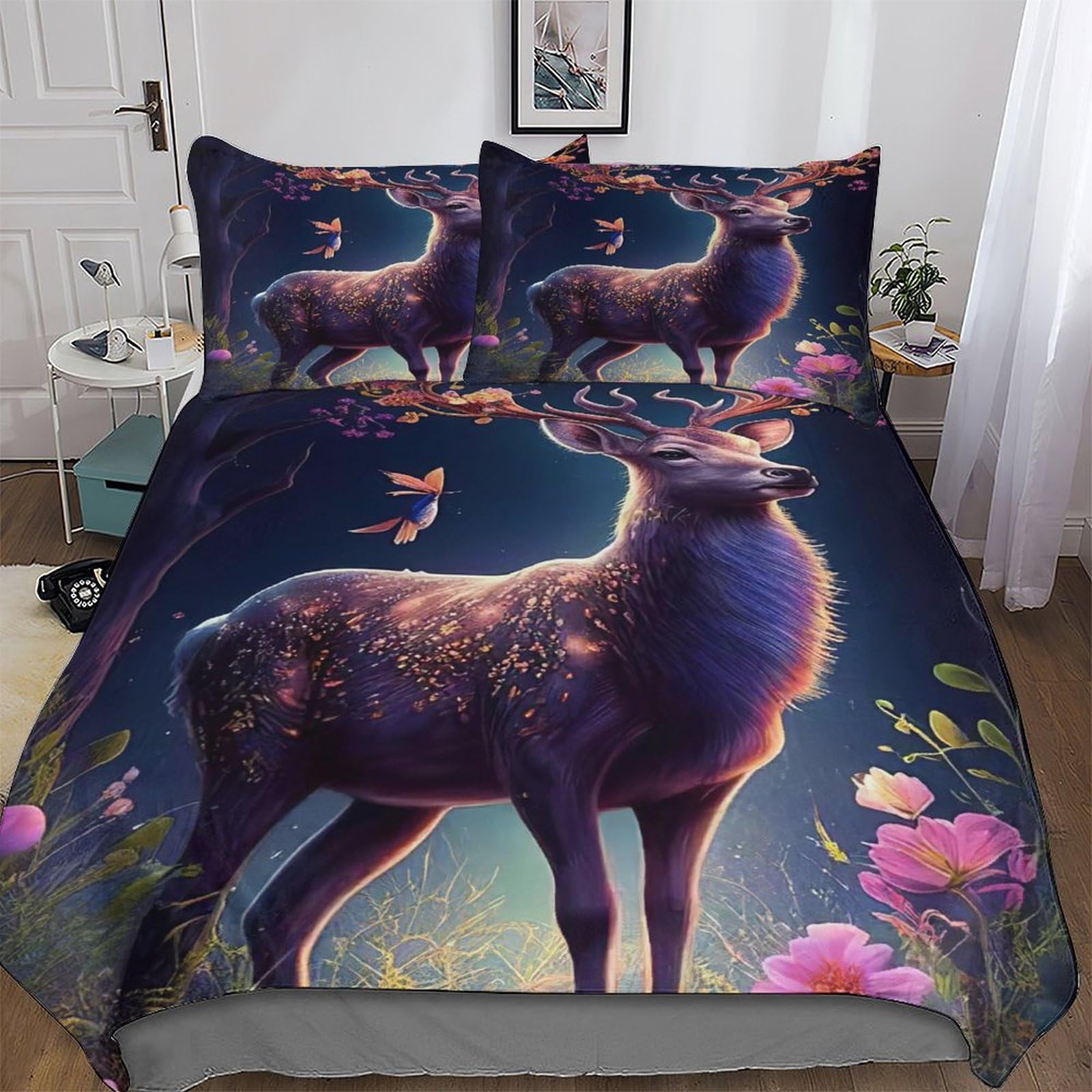 Housse de couette cerf 220x240 parure de lit 3 pièces microfibre ado enfant king size