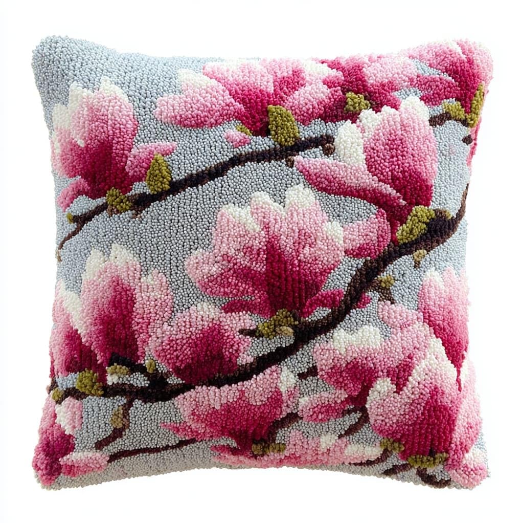 Henypt 17x17 Inch Latch Hook Kit,Magnolia DIY Tapestry Rug Craft,Needlework Cushion Set,Pre-Cut Yarn & Printed Canvas Kit for Home Wall Decor