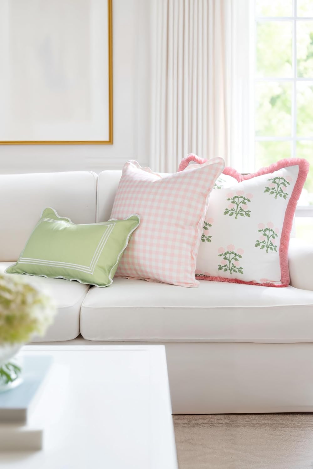 Hofdeco Premium Grandmillennial Patio Indoor Outdoor Throw Pillow Cover Only, 20"x20" Water Repellent for Backyard, Couch, Poolside, Blush Pink Print Gingham