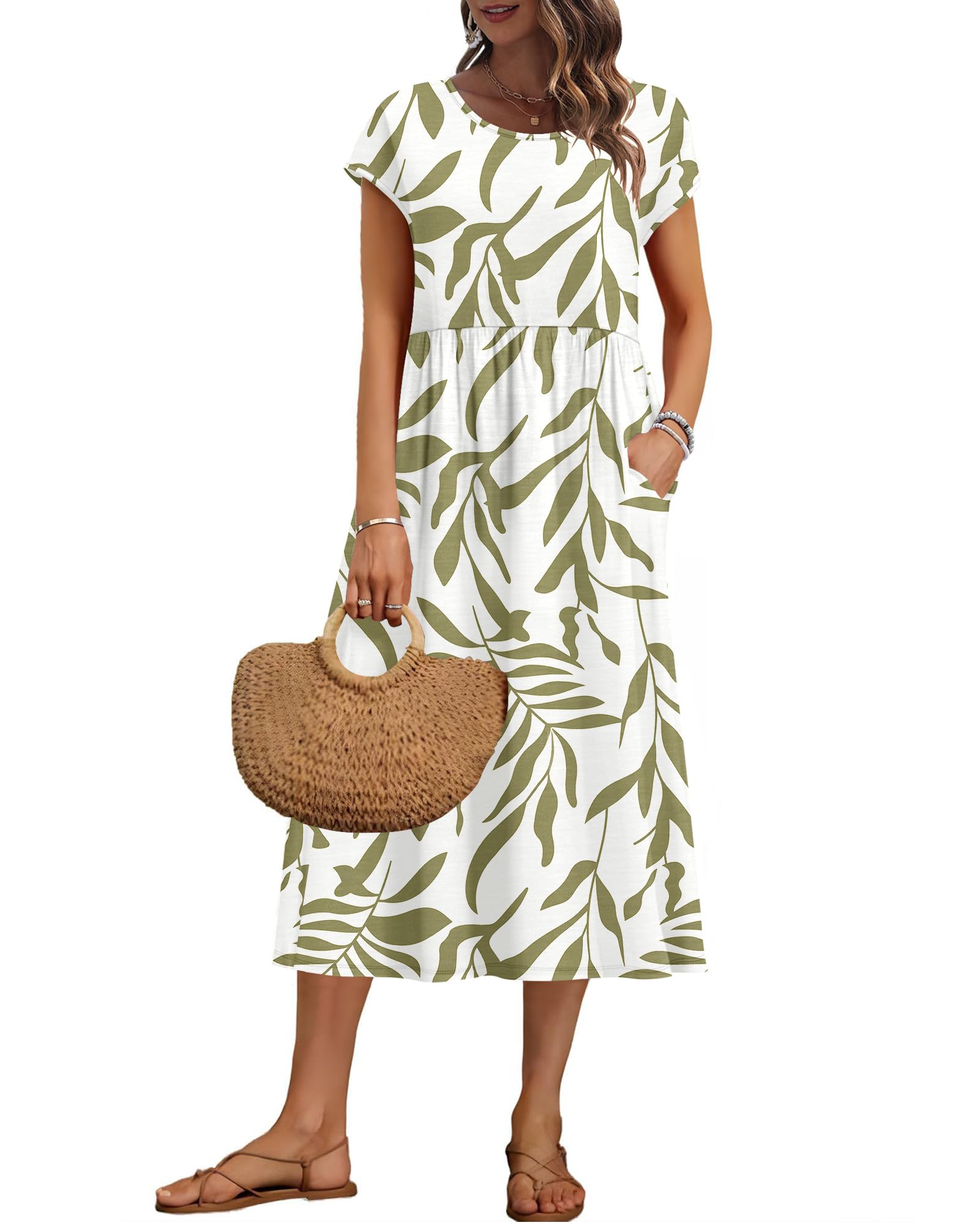 AUSELILY Women's Summer Short Sleeve Knee Length Dresses Basic Shift Midi Dress with Pockets, Beige Brown Leaf S