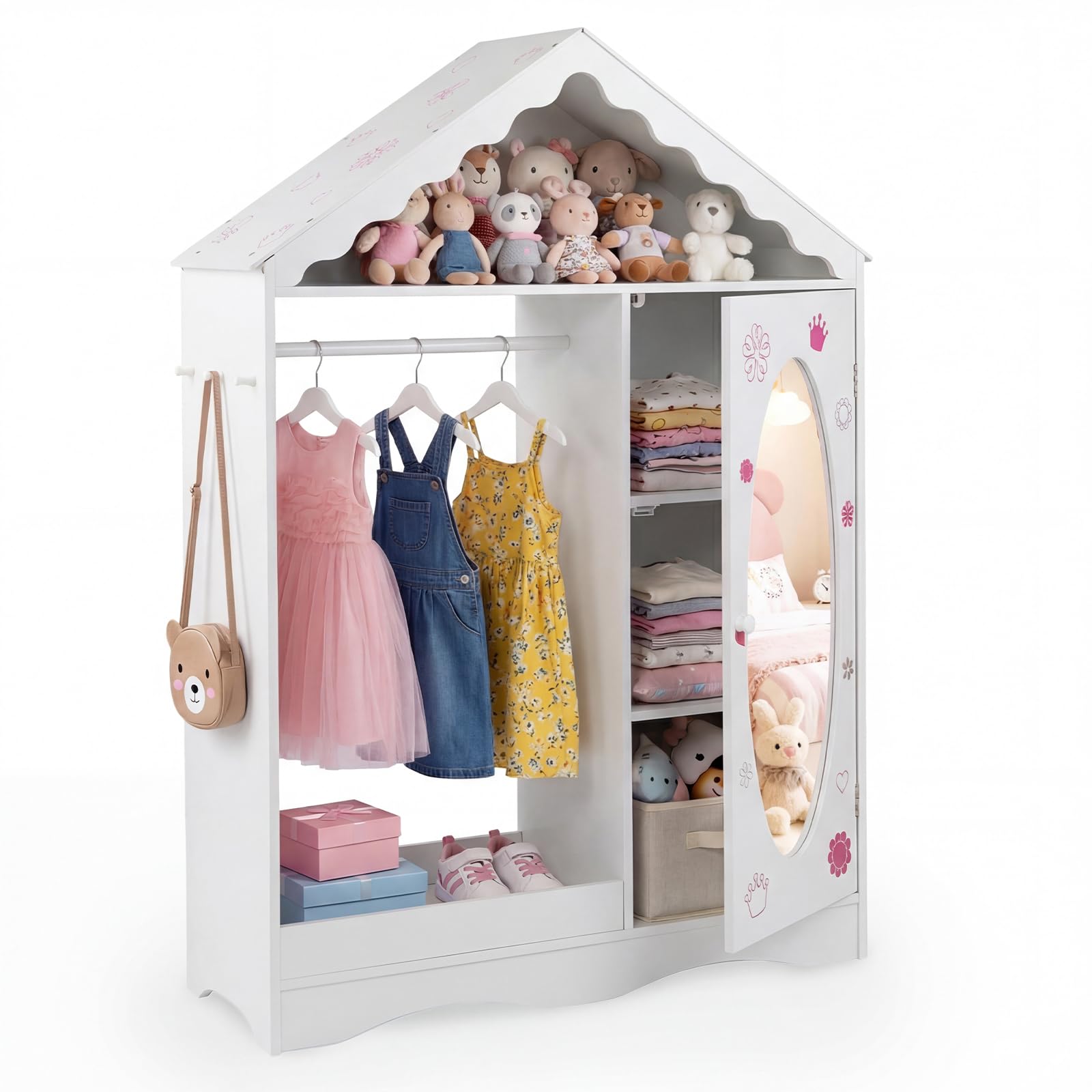 COSTWAY Kinder Kleiderschrank in Hausform, Kindergarderobe mit Spiegel, Kleiderstange, Regalen & Haken, Kinder Kleiderschrank für Kinderzimmer, Kleiderständer für Mädchen ab 3 Jahren (Weiß)