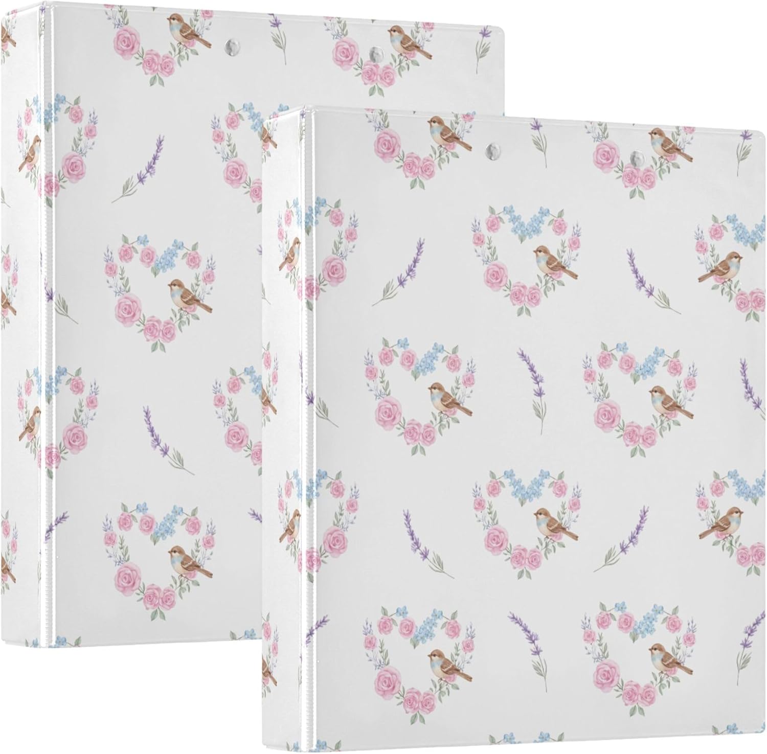 Valentine's Day Heart Roses 3 Ring Binders, 1.5” Round Ring Binders with Clipboard - Letter Size, 3 Interior PVC Clear Pockets & Anti-Slip Clip for Office School Supplies, 2PCS
