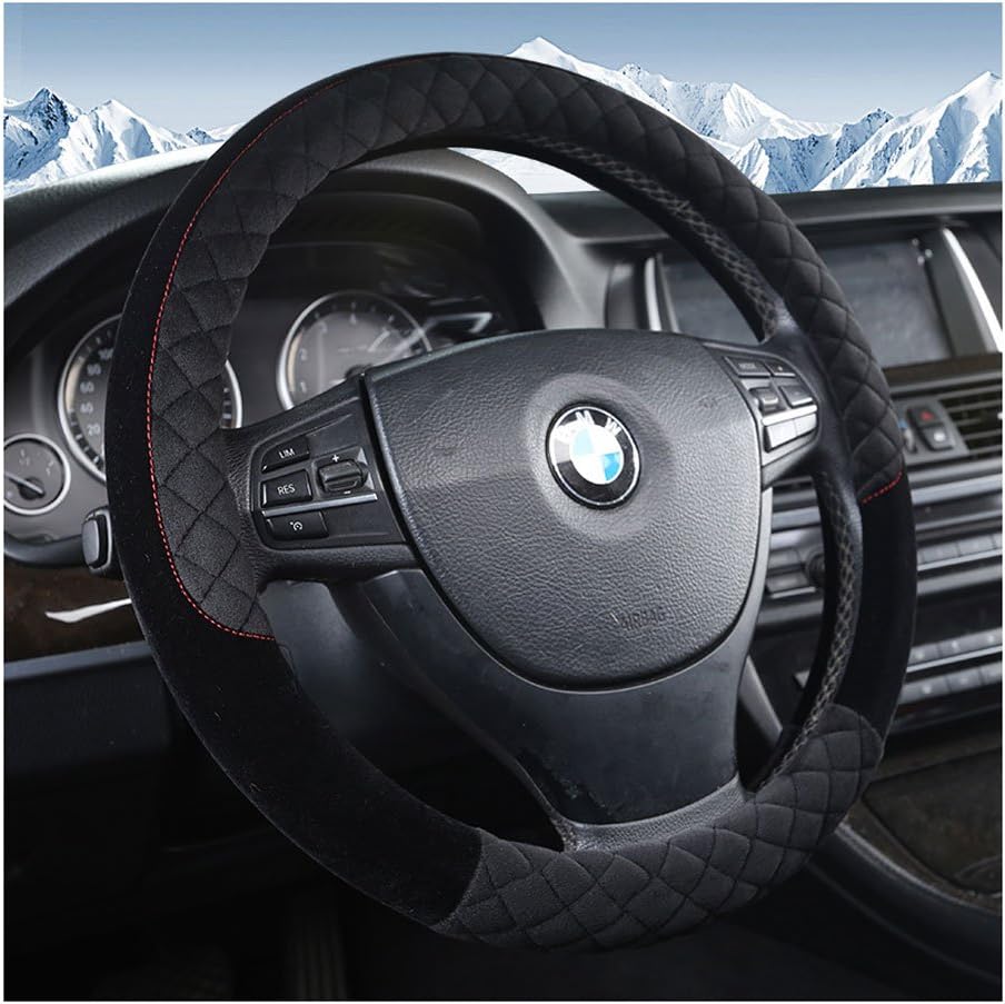 Short Plush 15inch Car Steering Wheel Cover for Women Fuzzy Handbrake Cover Gear Shift Cover Protector 1 Set 3Pcs (Black)