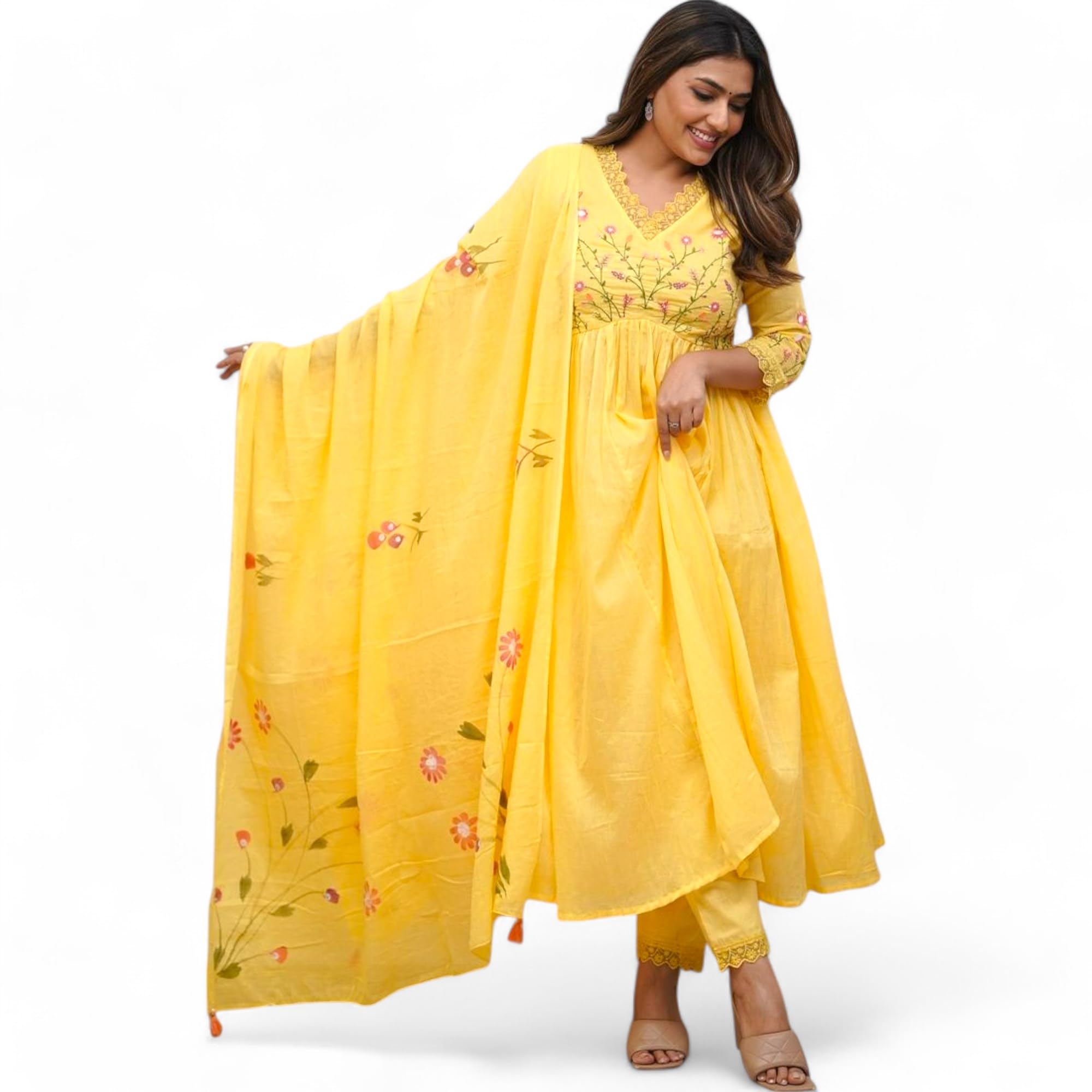 RangMahal Damen Indische Stickerei und Sequenz Heavy Work Kurta Hose mit Pinseldruck Dupatta Set