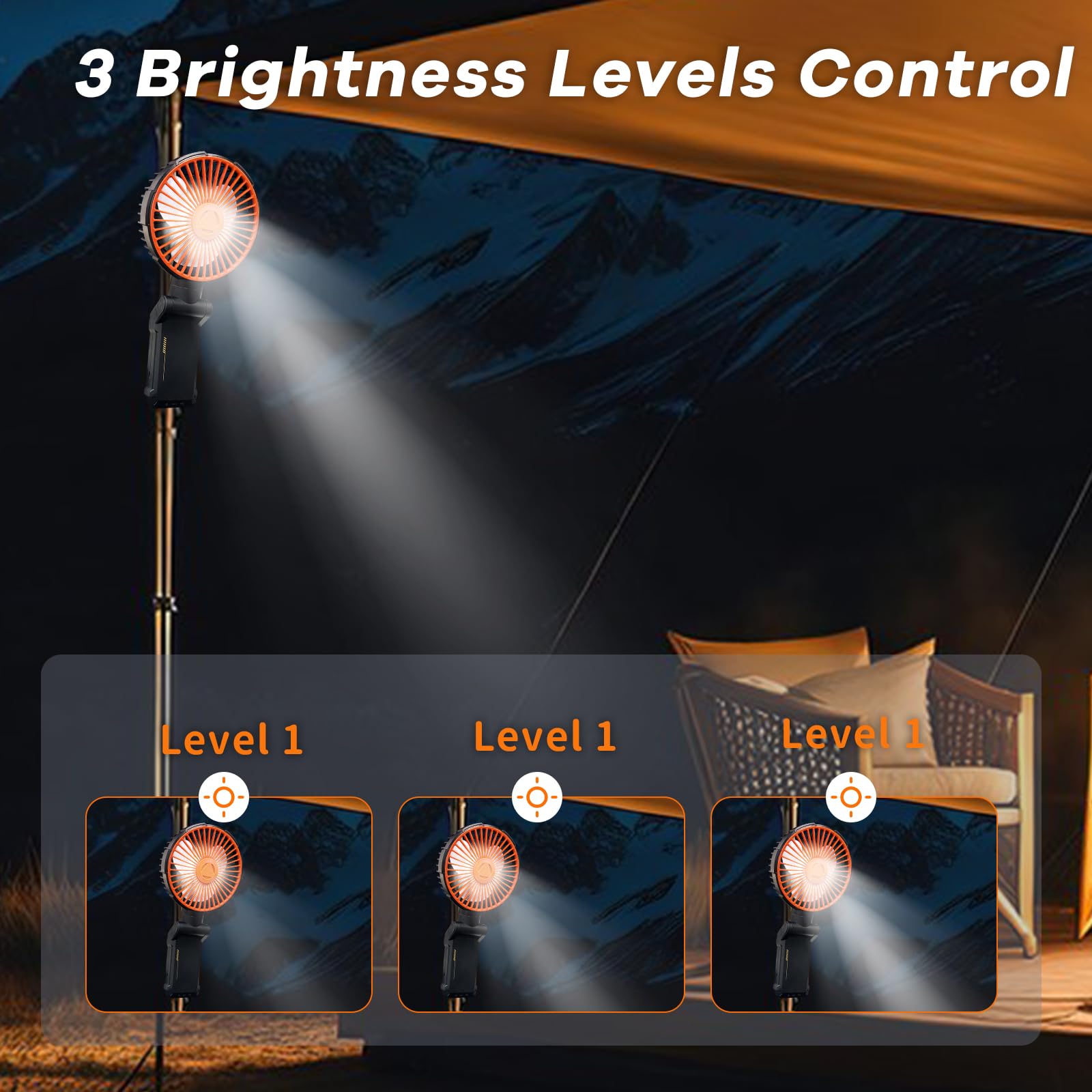 Ventilateur portable magnétique avec lumière LED – 4 vitesses réglables, rotation à 70°, 2 heures, ventilateur à clip pour poussette, voyage, camping, golf, salle de sport (orange)