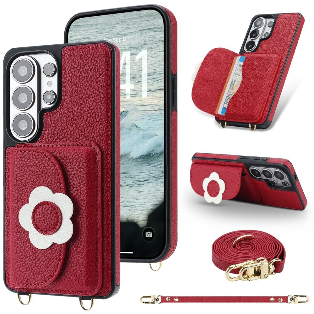 Étui compatible avec Samsung Galaxy S25 Edge portefeuille rouge vin antichoc - 7