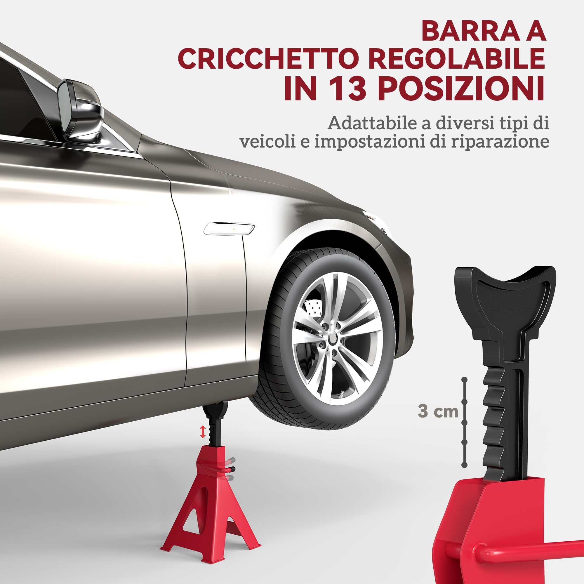 HOMCOM Set di 2 Cavalletti per Auto 3 T, Coppia di Cavalletti di Sostegno con Altezza di Sollevamento Regolabile da 29-42.5 cm, in Acciaio al Carbonio e Ghisa, Rosso e Nero