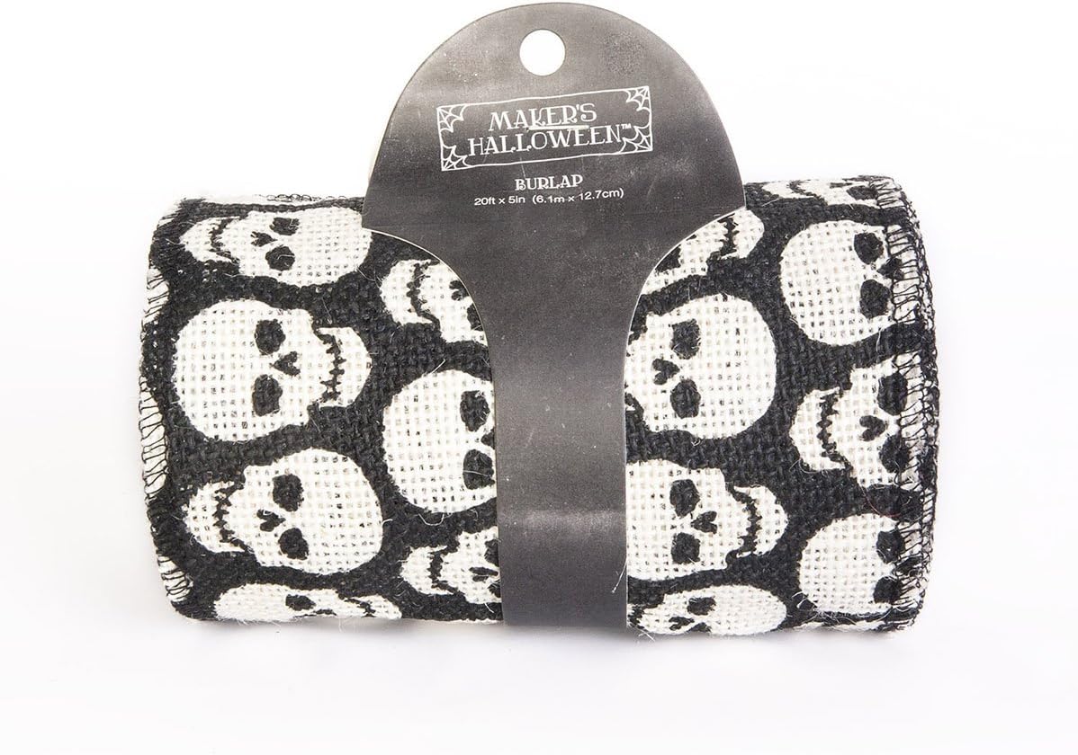 Maker's Halloween Burlap Ribbon 5''x 20'-White Skull Print on Black