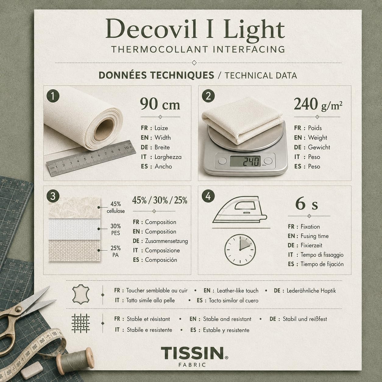 Entretela termoadhesiva estable de aspecto de piel Decovil I Light – 300 x 90 cm – Cupón tejido procedente de un rodillo Vlieseline – Refuerzo para bolsas, bolsas, sombreros y accesorios de costura